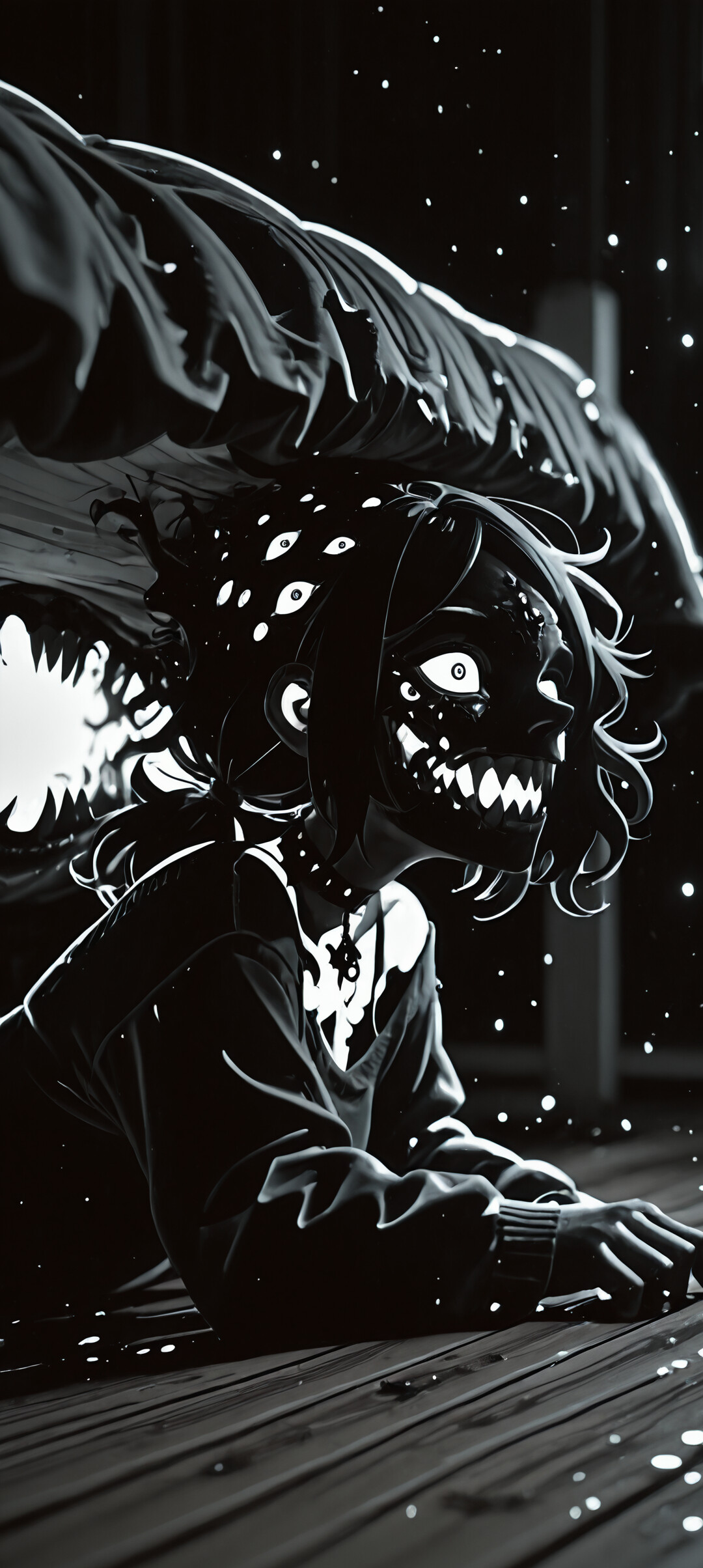 Uma ilustração sombria e assustadora de Ashley Graves, do livro «O Caixão de Andy e Leyley», transformada em monstro. Ela está deitada num chão de madeira, debaixo de uma cama, com muitos olhos vermelhos brilhantes e um sorriso ameaçador, revelando dentes afiados.