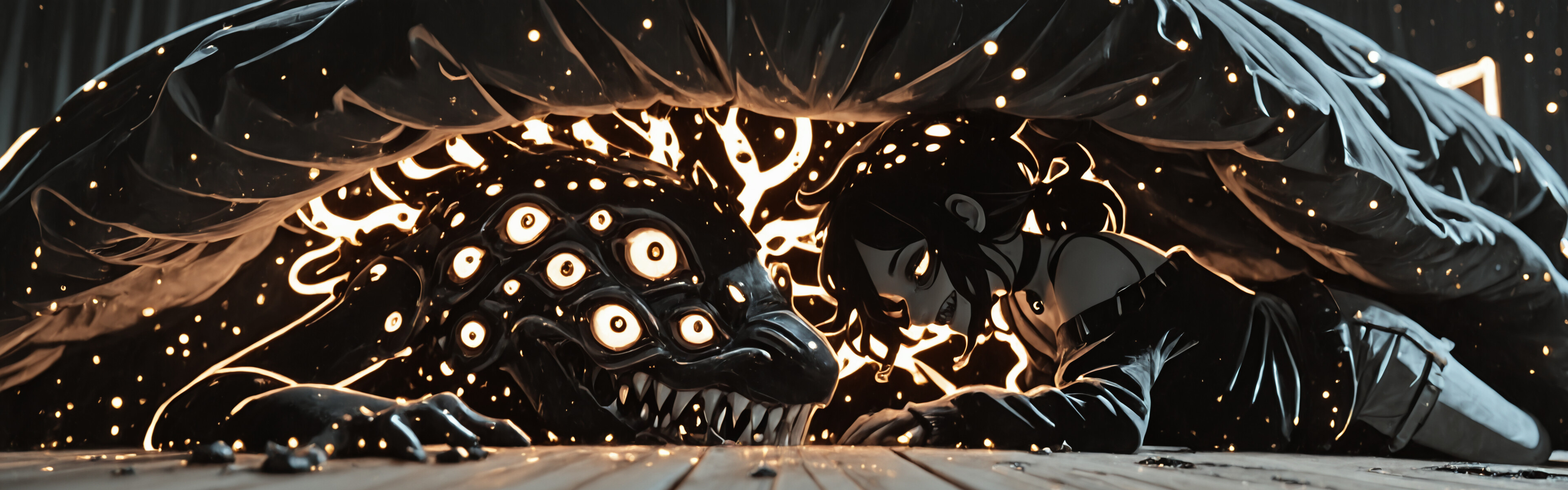 Uma ilustração sombria e assustadora de Ashley Graves, do livro «O Caixão de Andy e Leyley», transformada em monstro. Ela está deitada num chão de madeira, debaixo de uma cama, com muitos olhos vermelhos brilhantes e um sorriso ameaçador, revelando dentes afiados.