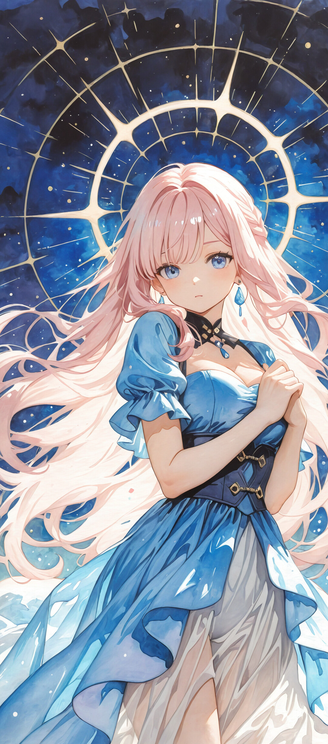 Uma ilustração no estilo anime de Elysia, de Honkai Impact 3rd: uma jovem de beleza estonteante, com longos cabelos cor-de-rosa e olhos azuis, vestindo um vestido azul-claro esvoaçante, emoldurada por um céu noturno mágico e estrelado.