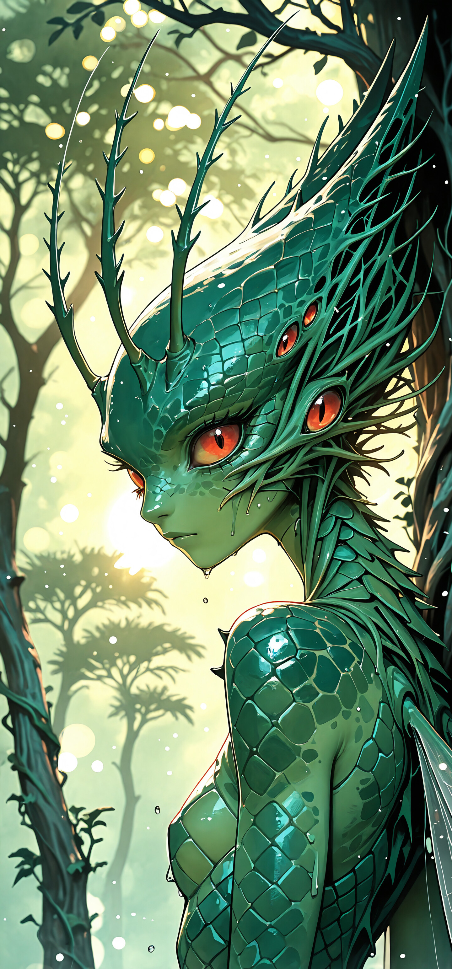 Uma ilustração em estilo anime de uma criatura fantástica feminina, num cenário de floresta envolta em névoa. Ela tem pele verde-claro, grandes olhos vermelhos e uma crista de escamas verde-escuras. Antenas pontiagudas se estendem da sua testa, e ela tem uma expressão pensativa no rosto.