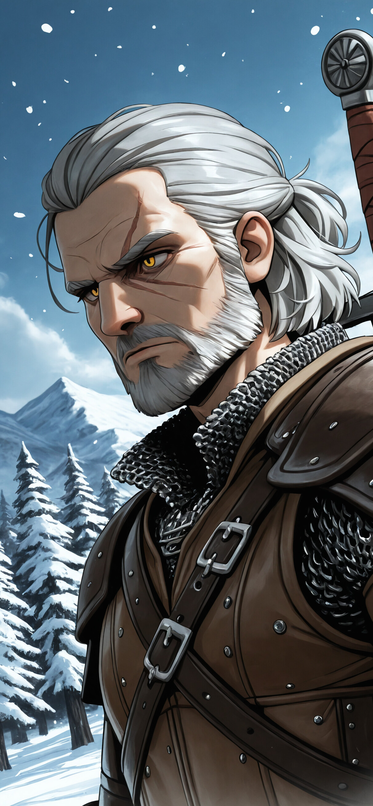 Uma ilustração de Geralt de Rívia, da saga The Witcher, com cabelos brancos, barba e olhos amarelos, olhando para o lado. Ele está num ambiente montanhoso e coberto de neve, vestindo uma armadura de couro e cota de malha, com uma espada nas costas.