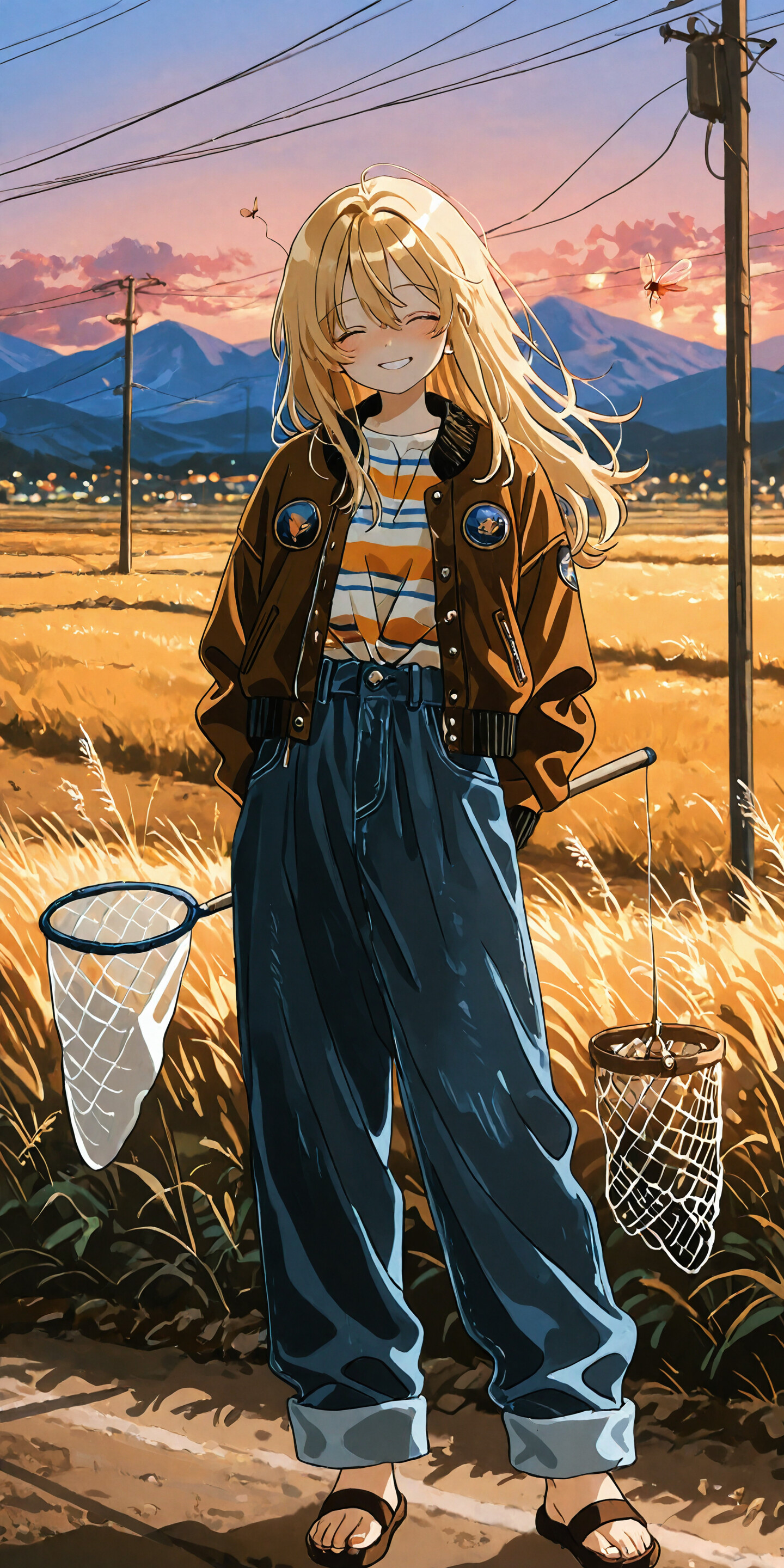 Uma ilustração em estilo anime de uma menina loira sorridente, vestindo uma jaqueta castanha e calças largas, em pé em um caminho em meio a um campo de arroz dourado ao pôr do sol, segurando uma rede de borboletas.