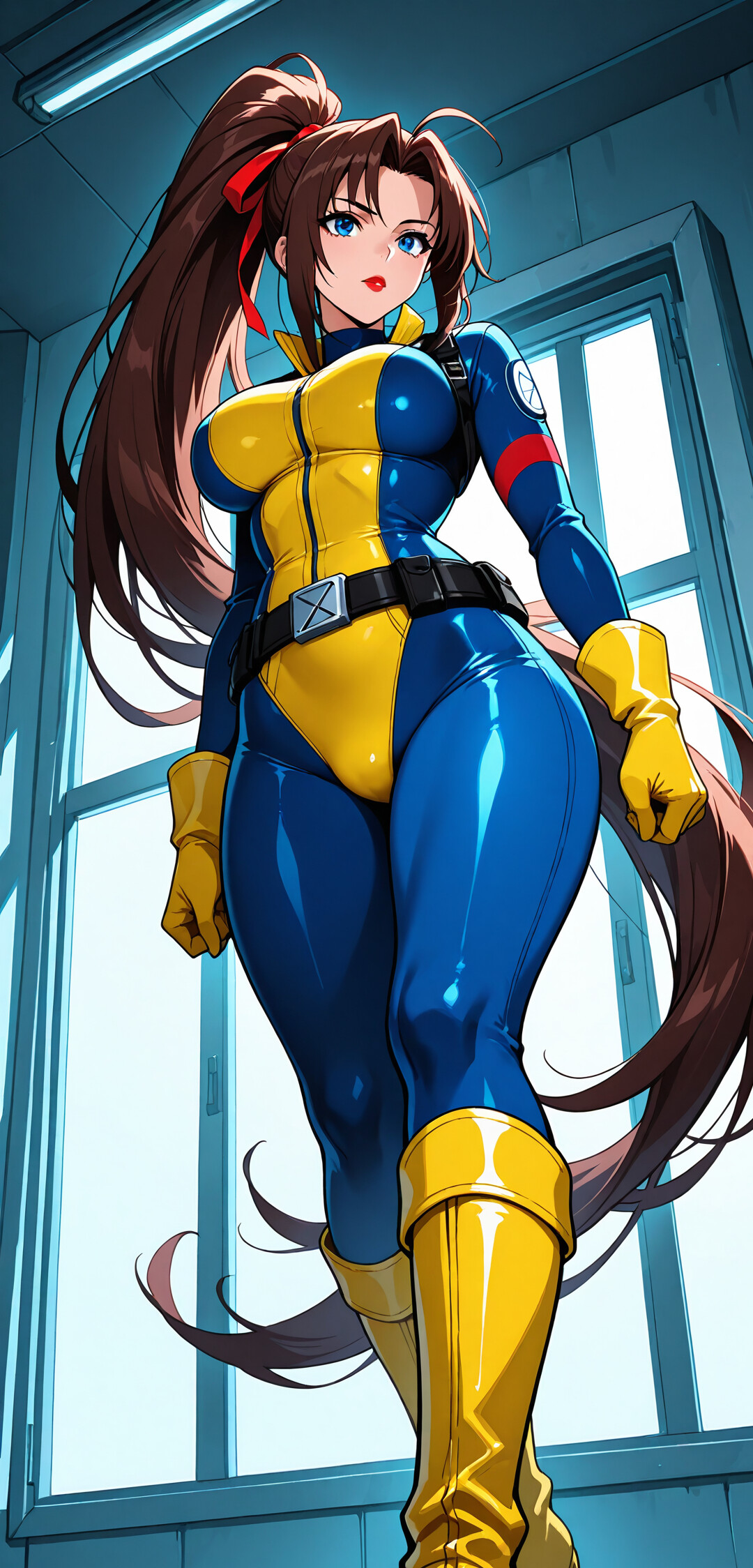 Uma imagem tirada de um ângulo baixo, mostrando Jean Grey, dos X-Men, com o seu clássico fato de treino azul e amarelo, posando com confiança e exibindo o cabelo comprido e castanho apanhado num rabo de cavalo.