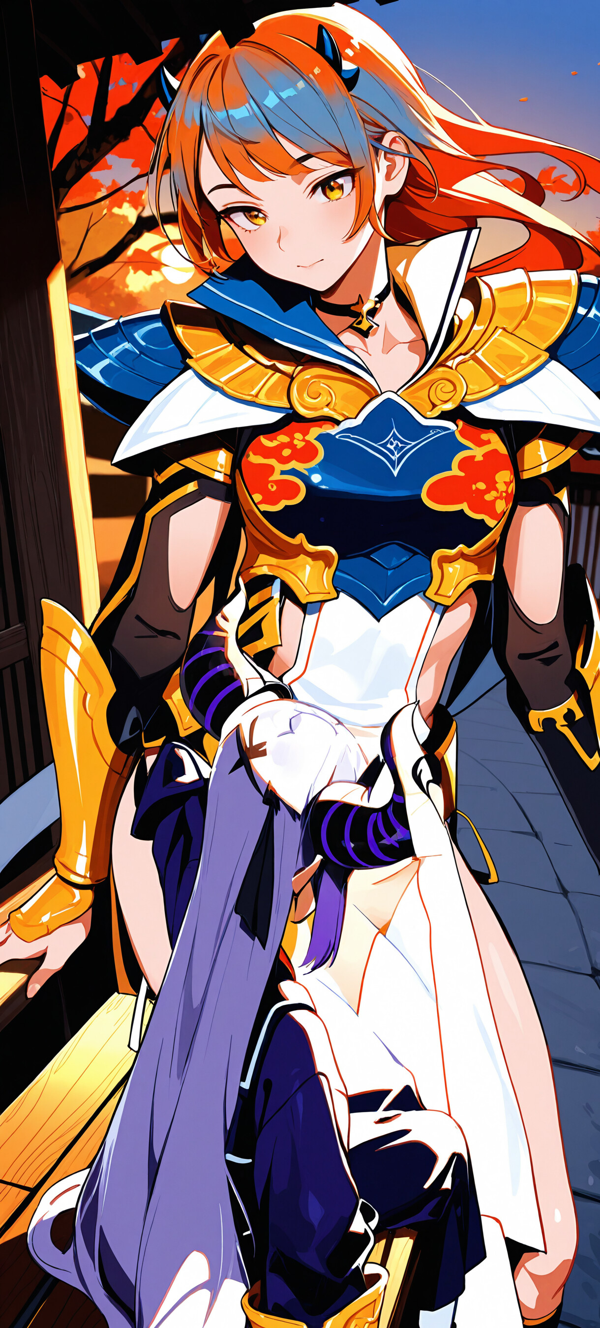 Uma ilustração no estilo anime de La+ Darknesss, do Hololive, uma rapariga de cabelo roxo e grandes chifres, sentada numa varanda de madeira num cenário tradicional japonês ao pôr do sol, segurando um espeto de dango.