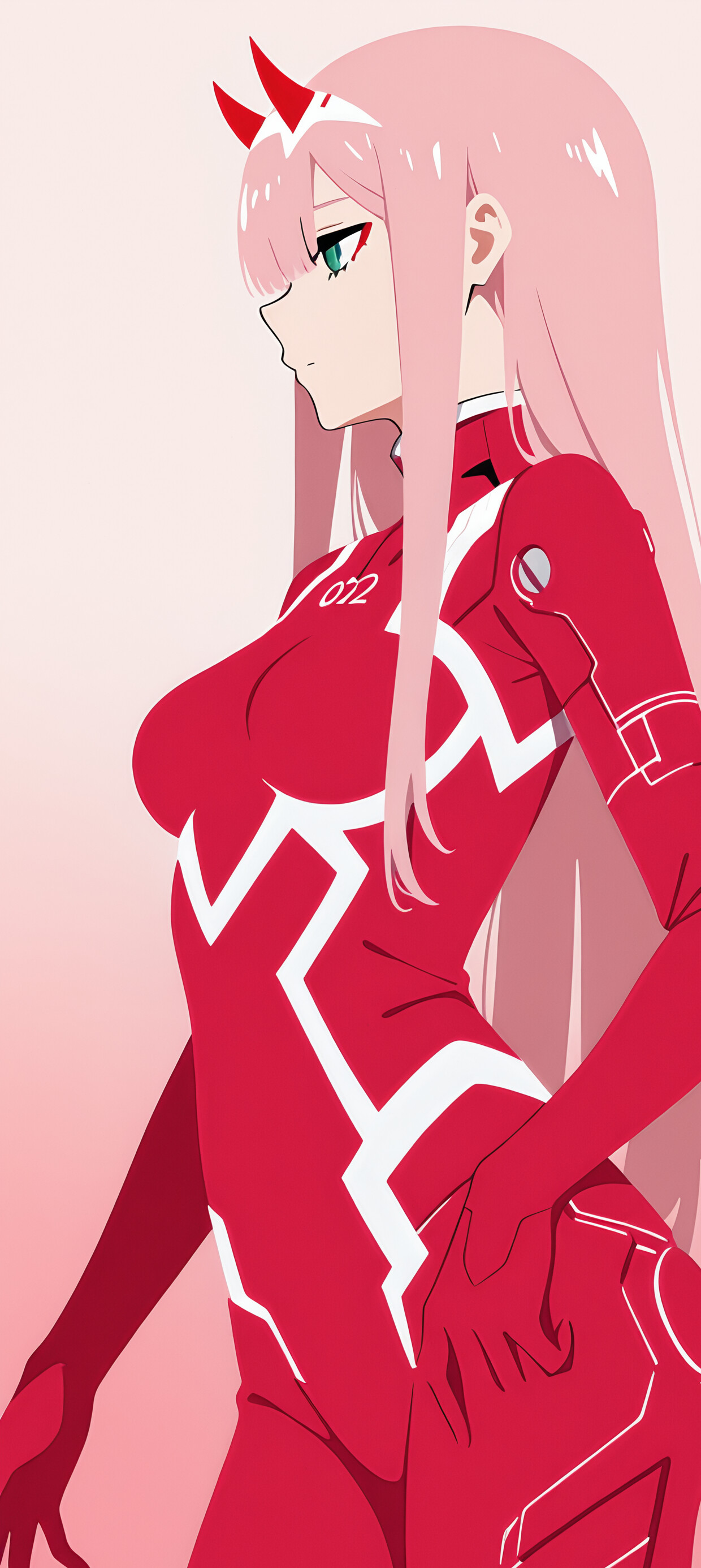 Uma ilustração minimalista do perfil lateral da personagem de anime Zero Two. Ela tem longos cabelos cor-de-rosa, chifres vermelhos e um fato vermelho. O seu rosto e corpo são representados como uma silhueta escura sobre um fundo com um degradê de cores rosa e azul.