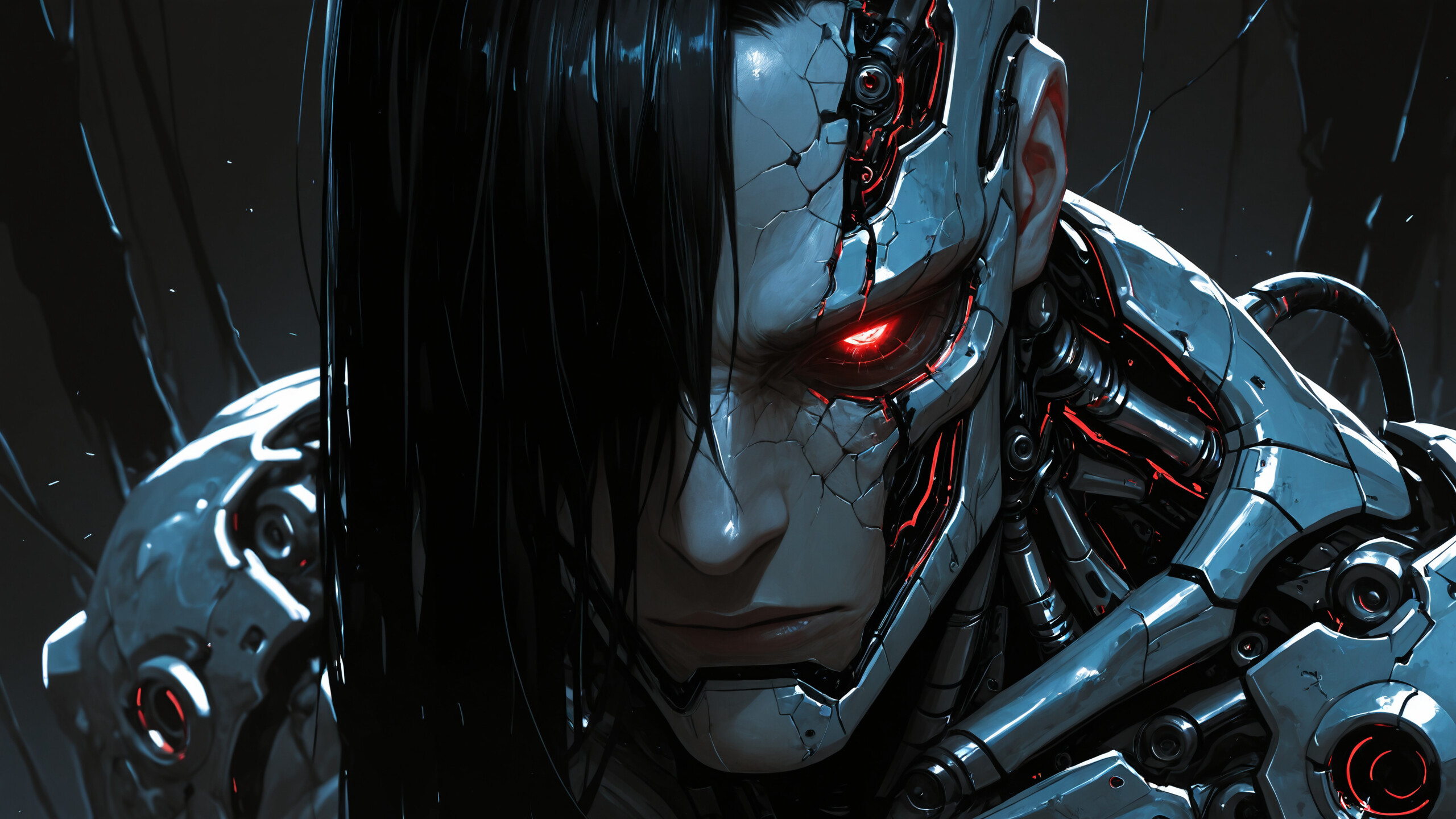 Retrato de frente de um esqueleto robótico branco, com olhos vermelhos brilhantes e um crânio danificado que revela os mecanismos internos pretos, sobre um fundo escuro.