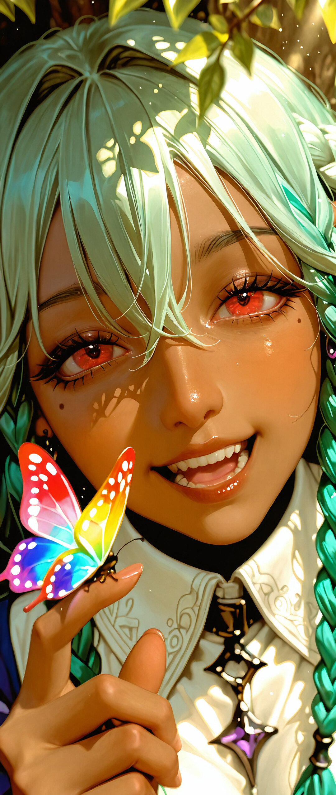 Uma ilustração em close-up de Rosalinde, de Unicorn Overlord, uma elfa negra com cabelos verdes trançados e olhos vermelhos. Ela está sorrindo alegremente enquanto uma borboleta colorida pousa em seu rosto, em uma floresta ensolarada.