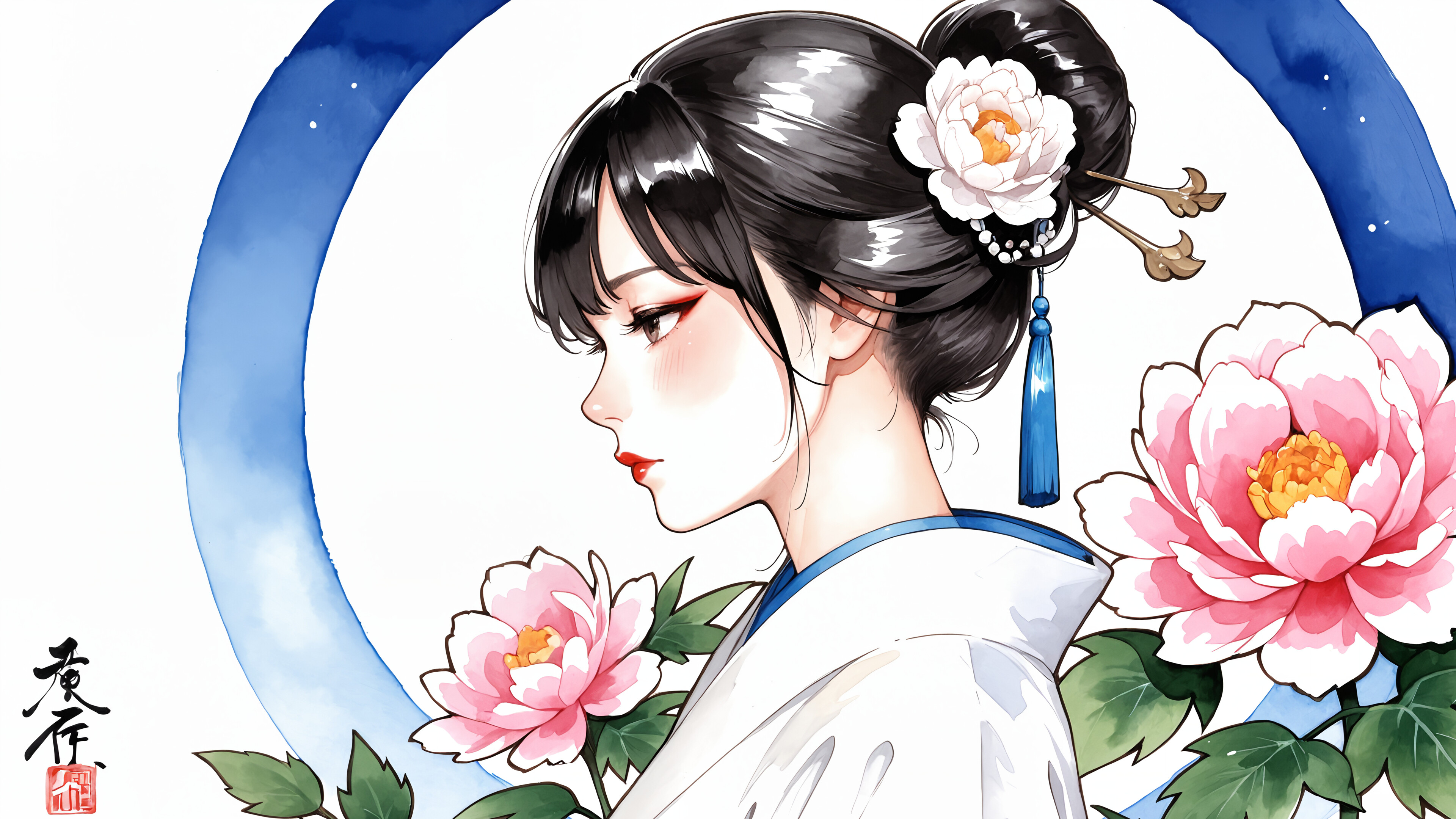 Um retrato em estilo anime, feito com aguarela, de uma mulher do leste asiático, com cabelos pretos presos em um coque, adornada com uma flor de peónia branca e um enfeite de borla vermelha. Ela veste um robe tradicional azul e branco e está emoldurada por um fundo com uma lua cheia e mais flores de peónia.
