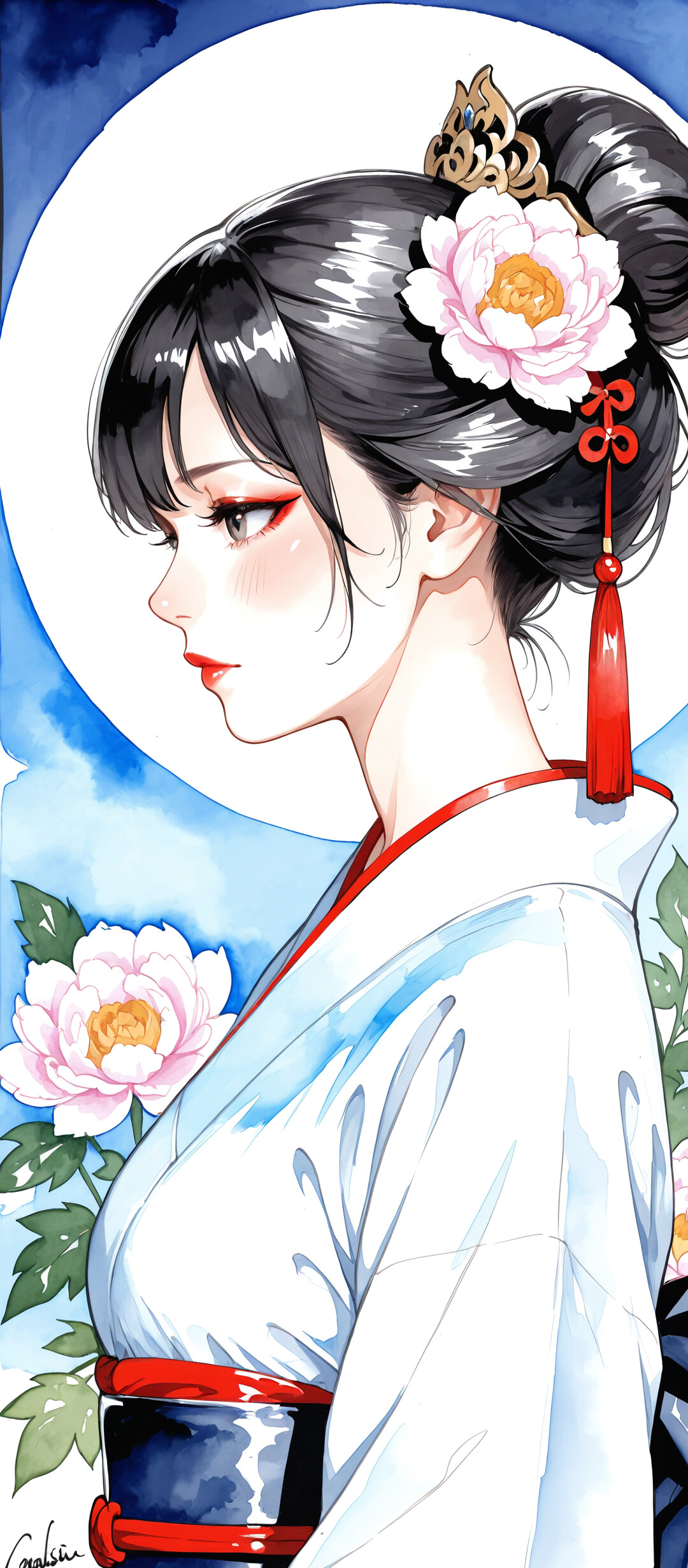 Um retrato em estilo anime, feito com aguarela, de uma mulher do leste asiático, com cabelos pretos presos em um coque, adornada com uma flor de peónia branca e um enfeite de borla vermelha. Ela veste um robe tradicional azul e branco e está emoldurada por um fundo com uma lua cheia e mais flores de peónia.