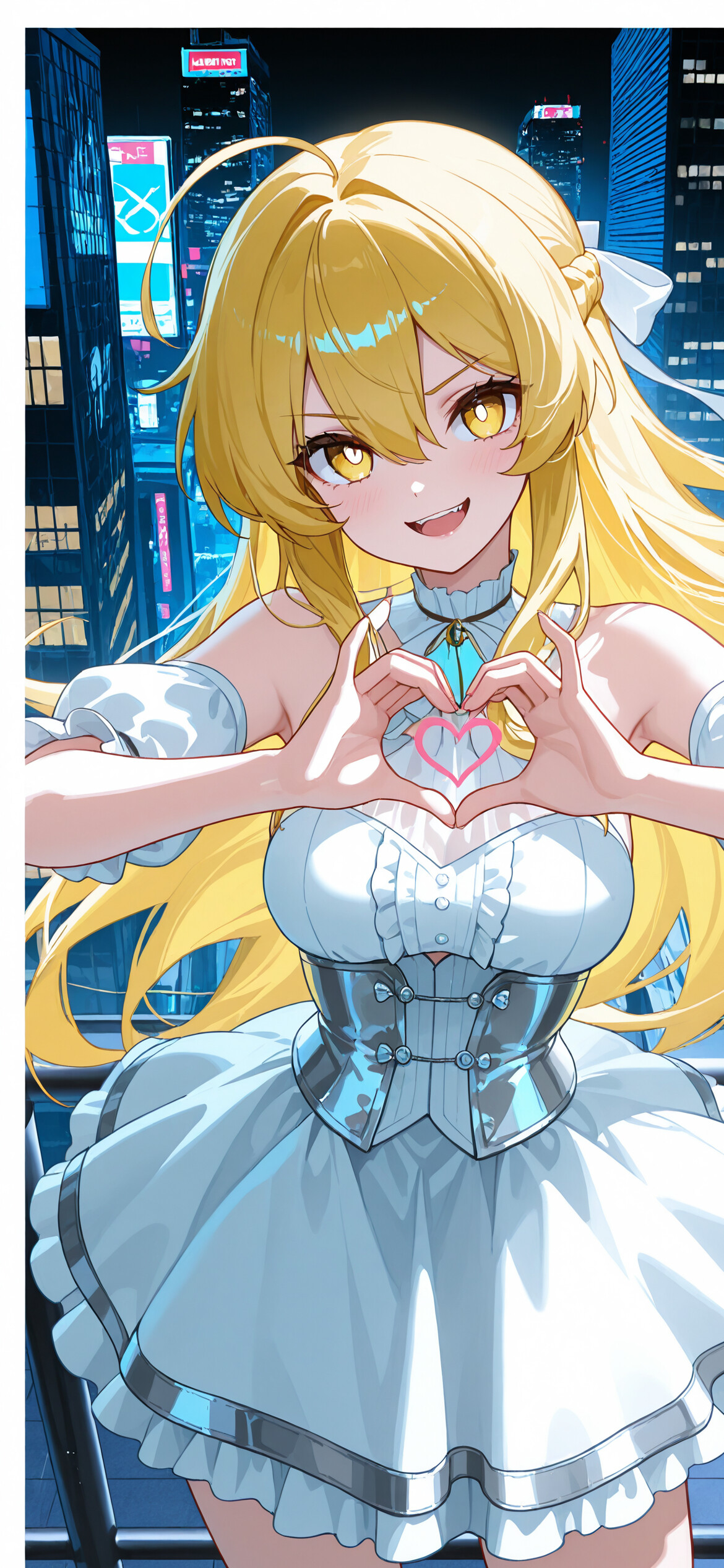 A personagem de anime Shokuhou Misaki, com longos cabelos loiros e um vestido branco, sorri e faz um gesto de coração com as mãos, em frente à silhueta de uma cidade.