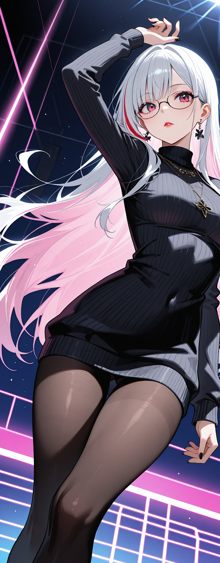 Uma personagem de anime, uma rapariga com longos cabelos brancos, azuis e roxos em degradê, olhos roxos e óculos, vestindo um cardigan preto aberto, um colar e meias-calças, com um fundo de linhas roxas brilhantes.