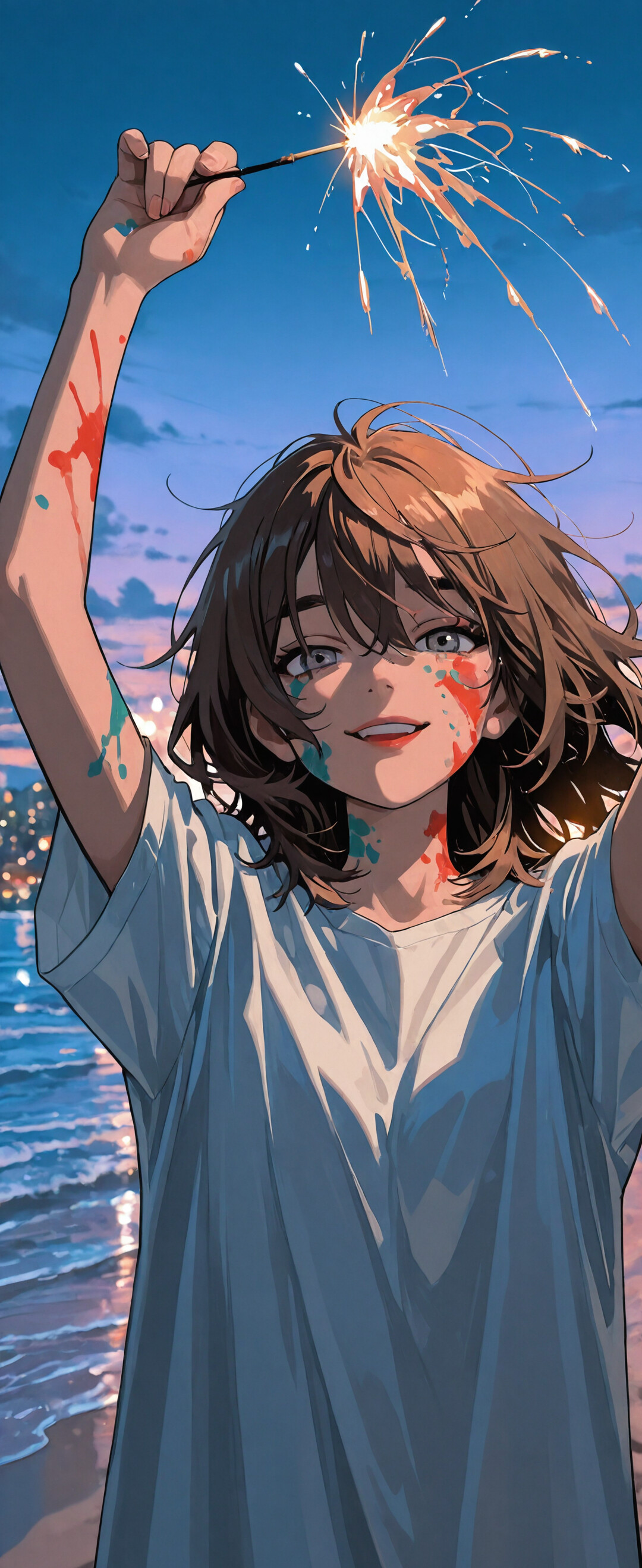 Uma jovem morena, com o rosto pintado com cores vibrantes, segura uma bengala acesa acima da cabeça, numa praia ao entardecer, com o mar e a silhueta de uma cidade ao fundo.