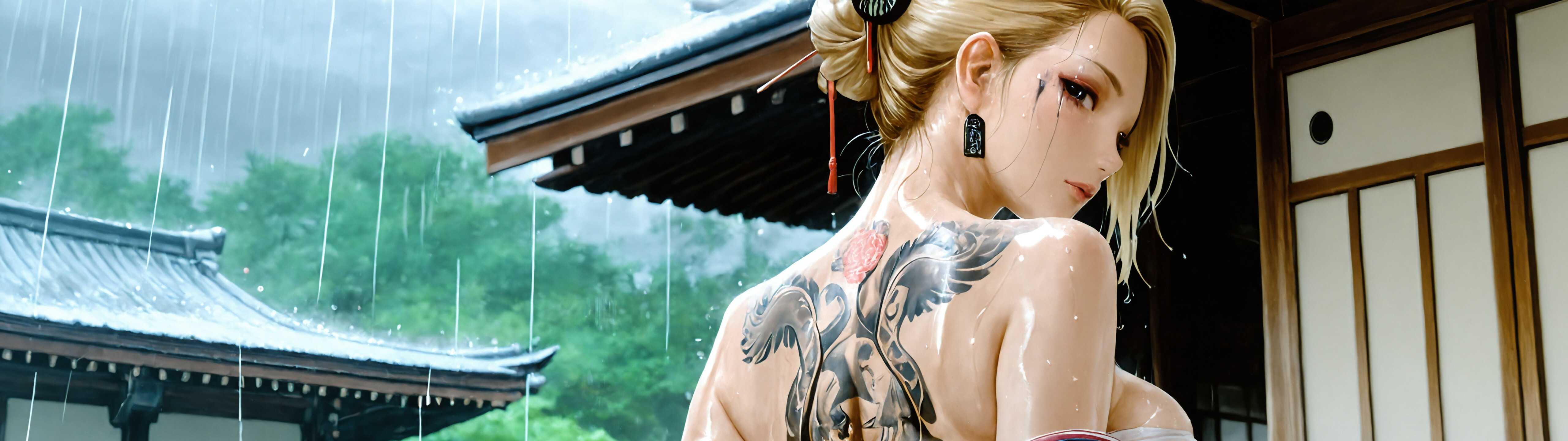 Uma ilustração digital realista de uma mulher loira, de costas para o observador, que olha por cima do ombro na chuva. Ela tem uma flor e uma máscara tatuadas nas costas e veste um quimono aberto sobre um sarashi.