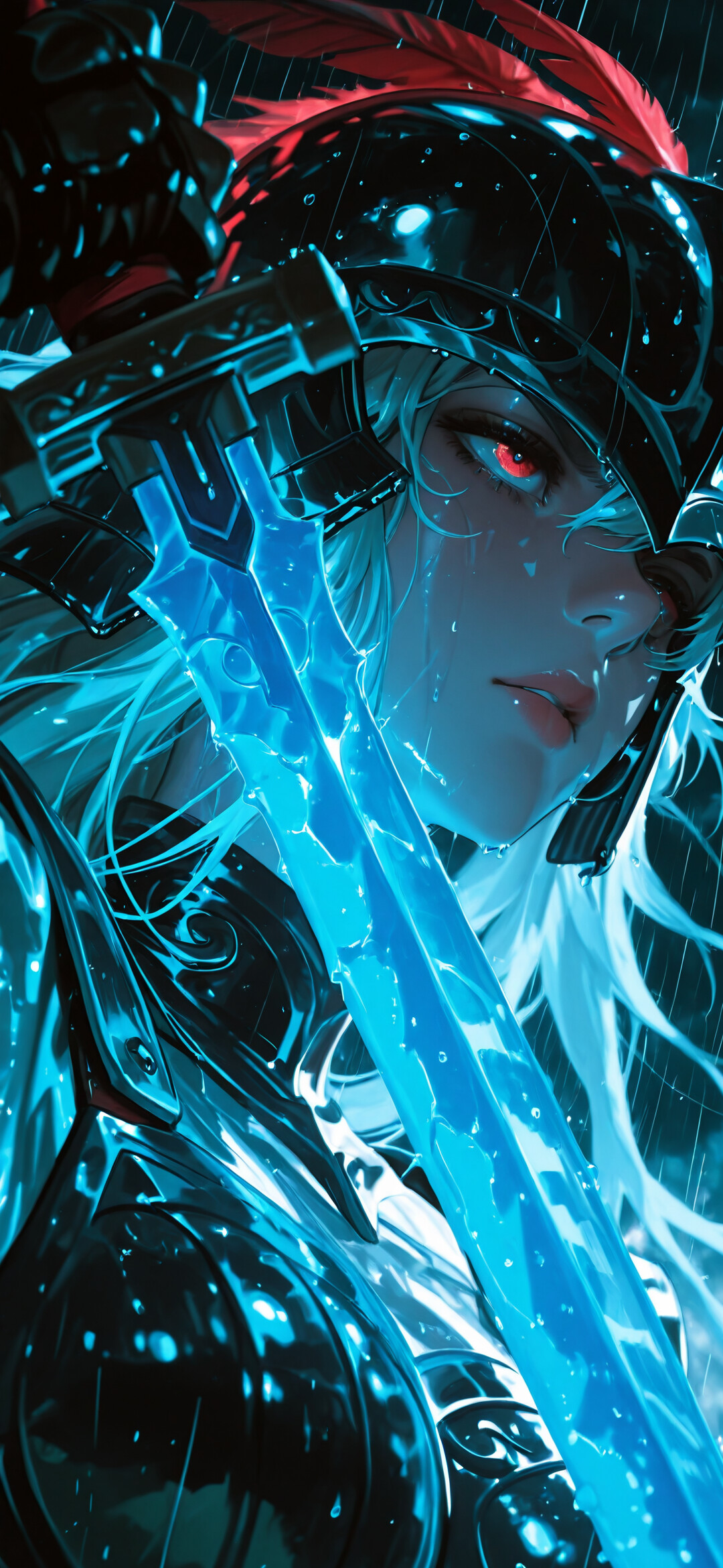Um retrato em estilo anime de uma guerreira com longos cabelos brancos e olhos vermelhos brilhantes. Ela veste uma armadura escura e um capacete com uma pena vermelha, segurando uma grande espada azul brilhante sob a chuva.