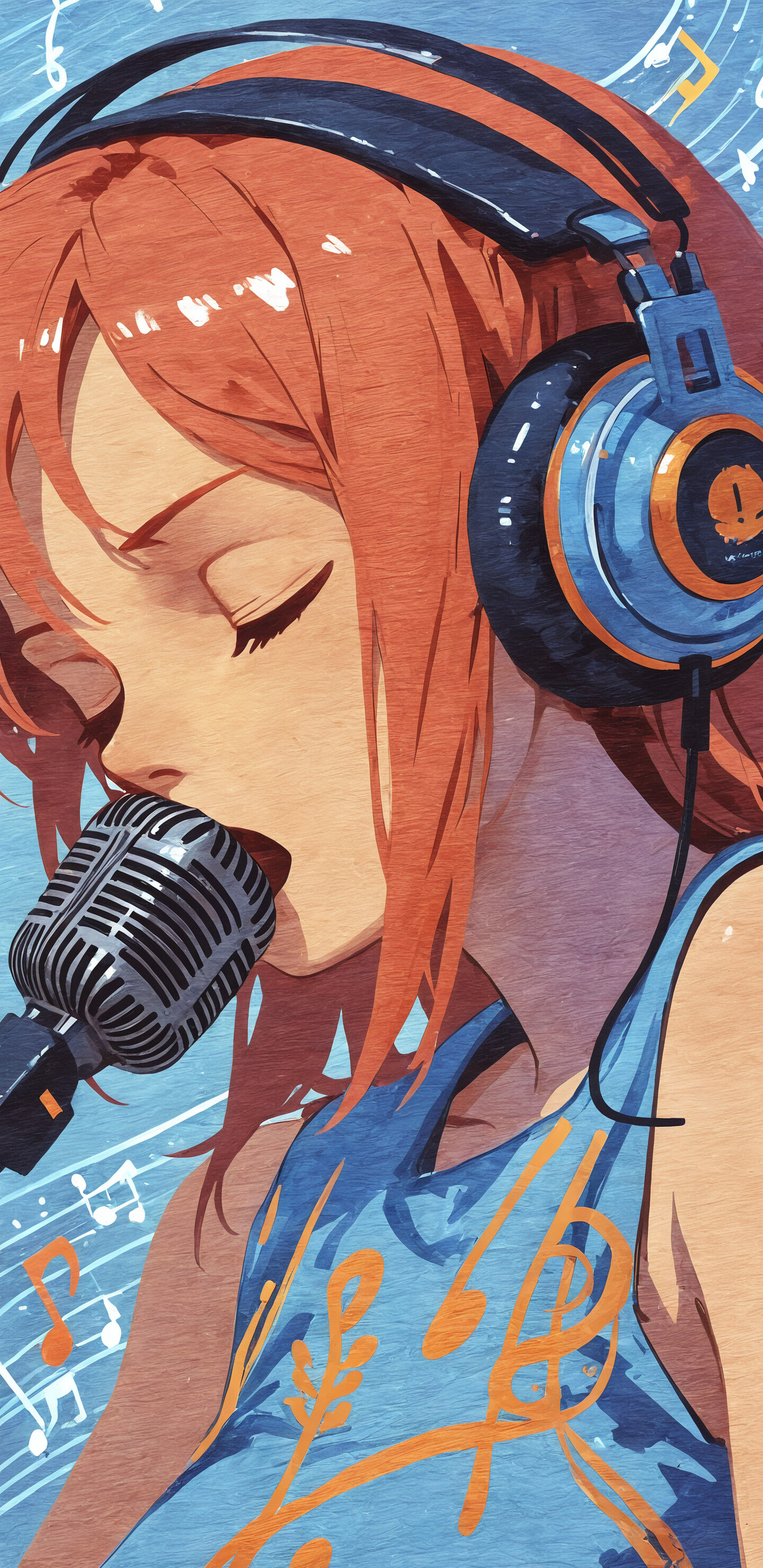 Um retrato estilizado, com traços de pintura, de uma jovem morena, usando grandes fones de ouvido e cantando de olhos fechados em frente a um microfone, com um fundo azul adornado com notas musicais.