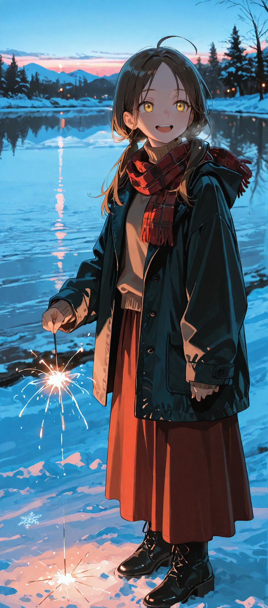 Uma ilustração em estilo anime de uma menina sorridente, com cabelo castanho e olhos amarelos, vestida com um casaco de inverno e um cachecol, segurando dois fogos de artifício acesos numa paisagem nevada, perto de um lago, ao entardecer.