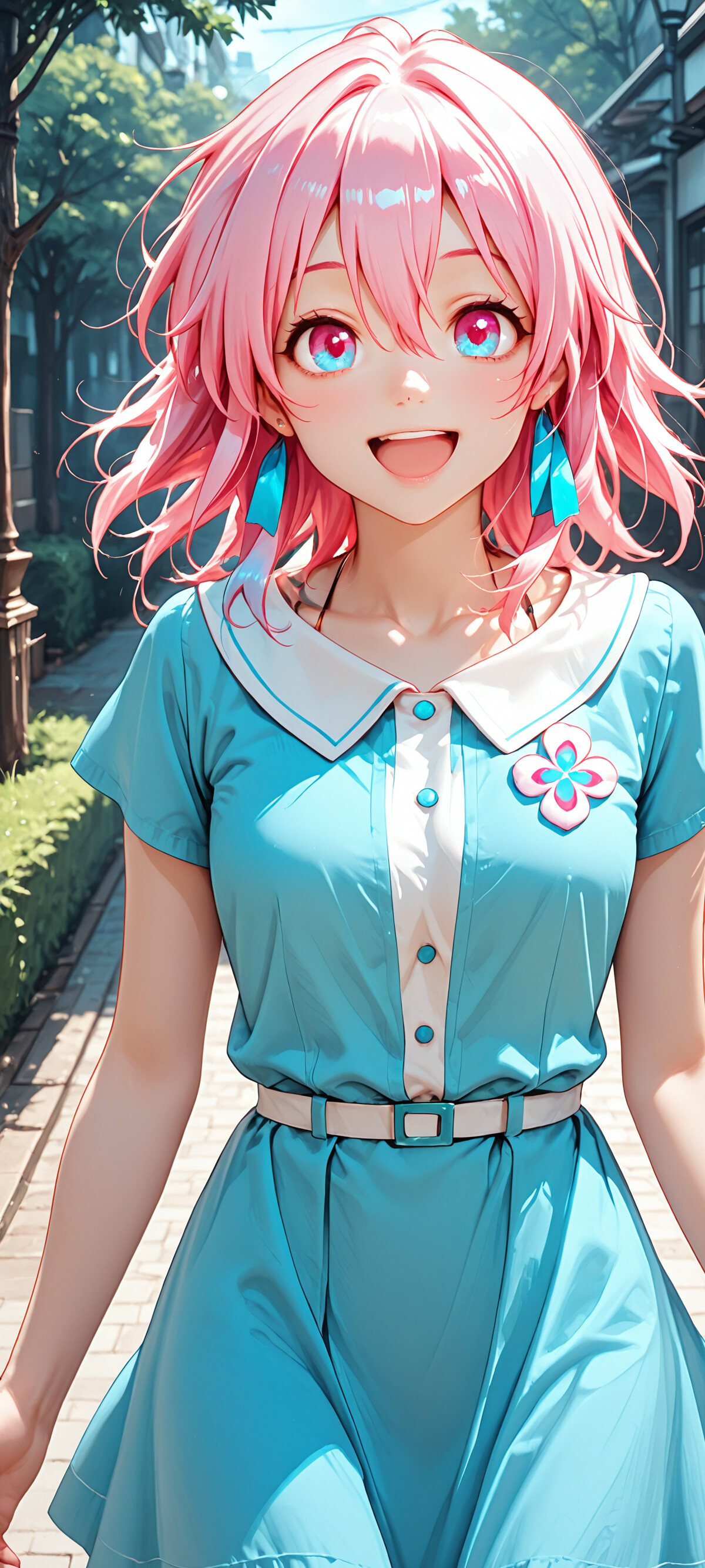 Um retrato em close-up de uma menina de anime feliz, com cabelo curto e rosa e grandes olhos azuis, sorrindo calorosamente. Ela veste uma blusa azul-clara e está em uma porta banhada pela luz do sol.