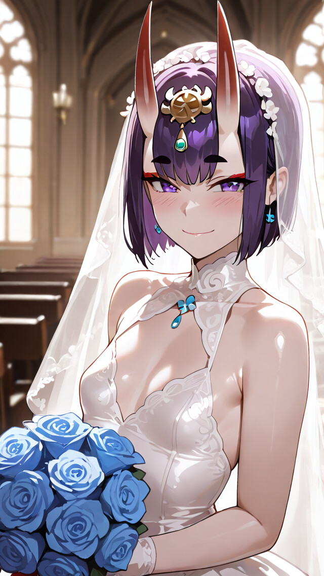 Shuten Douji, de Fate/Grand Order, vestida de noiva, sorrindo com um vestido branco e véu dentro de uma igreja, segurando um ramo de rosas azuis.