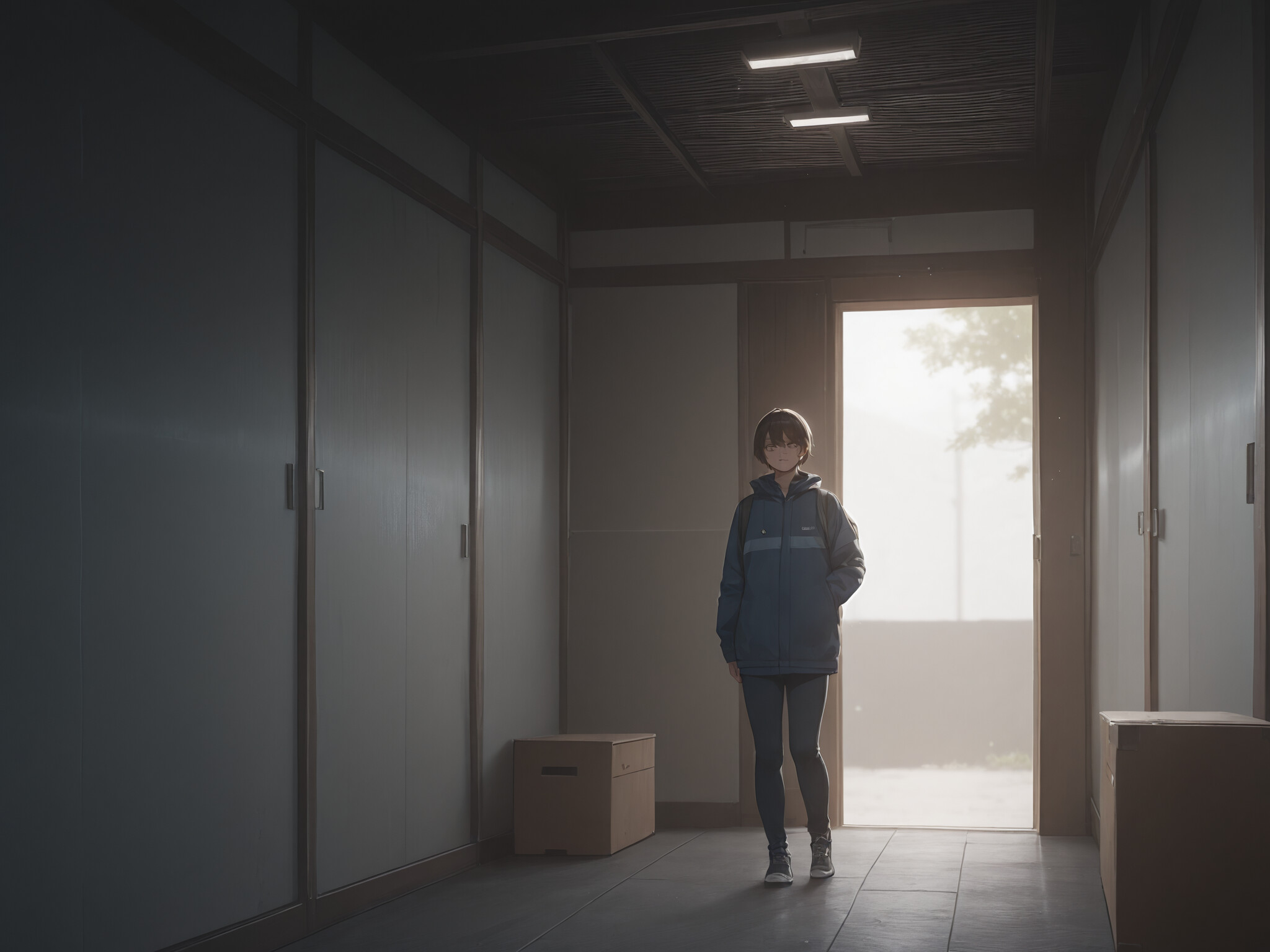 Uma jovem, com um visual que lembra o de personagens de anime, com longos cabelos loiros e vestida com um longo vestido branco, está em frente a uma porta verde-escura. Ela segura algo nas mãos e está rodeada por duas grandes plantas em vasos, sob um céu ensolarado.