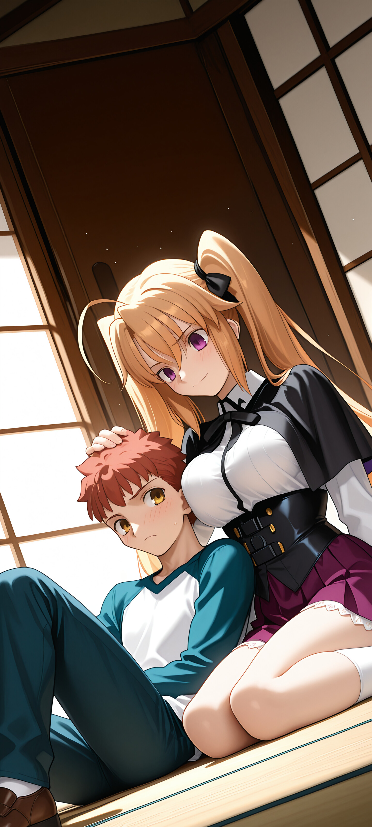 Uma ilustração em estilo anime que representa um crossover entre Fate/stay night e High School DxD. Irina Shidou, uma rapariga loira com o cabelo preso em duas marias, está ajoelhada numa cama e inclinada sobre Shirou Emiya, um rapaz de cabelo ruivo, enquanto lhe acaricia a cabeça. Ele está deitado e olha para ela com um rubor no rosto.