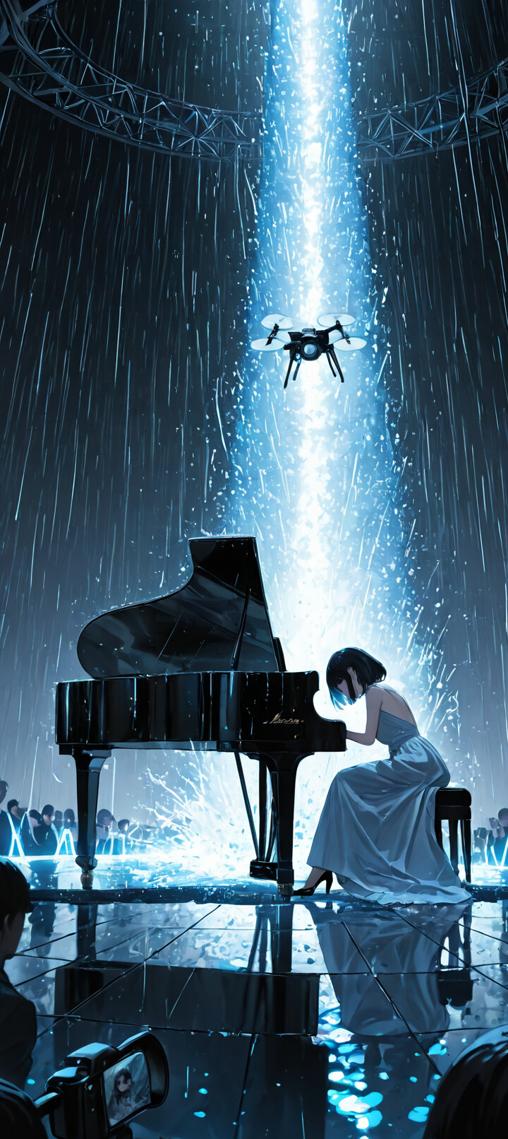 Uma ilustração em estilo anime de uma jovem vestida com um elegante vestido, tocando um piano de cauda num palco molhado e refletor. Está a chover torrencialmente e um único e potente foco de luz azul ilumina-a de cima.