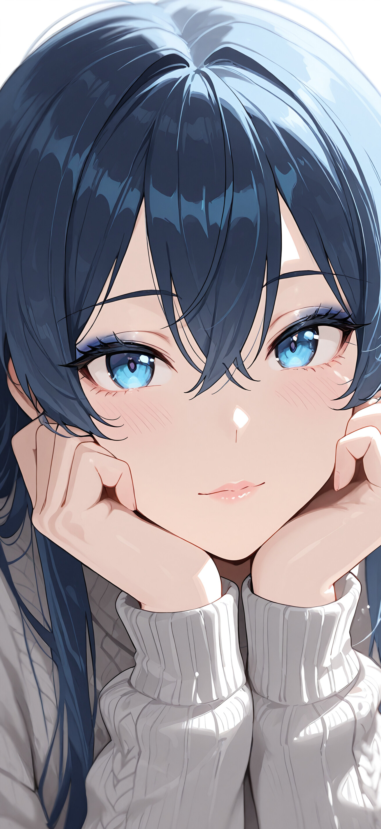 Um retrato digital em close-up de um personagem com cabelo curto de cor azul-claro e olhos azuis incrivelmente detalhados, que olha para a frente com uma expressão serena.