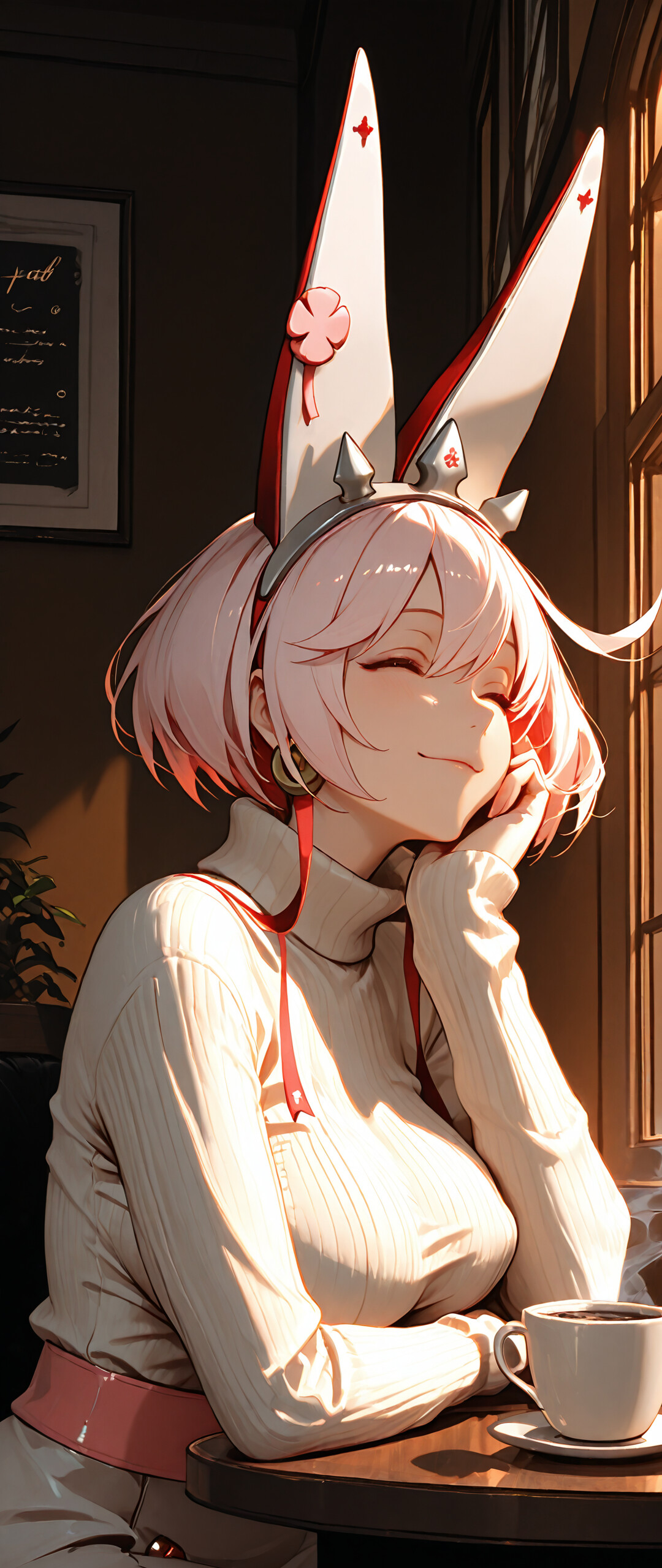 Uma ilustração no estilo anime de Elphelt Valentine, da série Guilty Gear. Ela tem cabelo curto e rosa, olhos azuis e grandes orelhas brancas que lembram as de um coelho, com uma faixa de cabelo pontiaguda. Ela está vestindo um suéter branco de gola alta e está sentada a uma mesa de madeira em um café, sorrindo suavemente enquanto apoia o queixo na mão. Uma xícara de café está sobre a mesa, ao lado dela.
