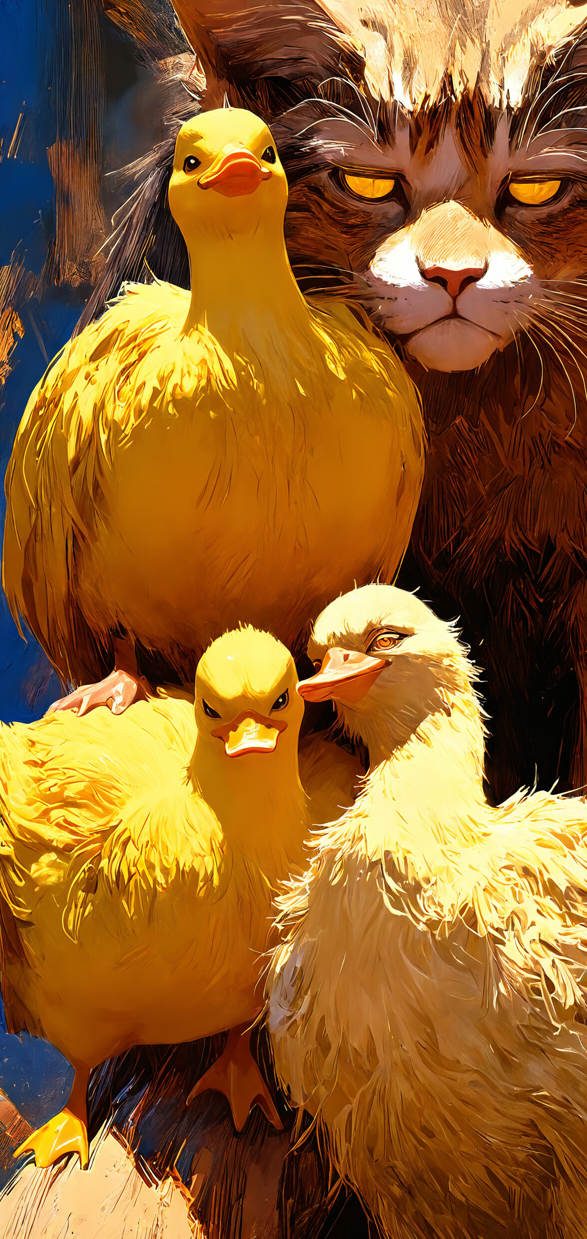 Uma ilustração detalhada e com traços de pintura, que retrata o rosto de um gato malhado de expressão carrancuda em um primeiro plano extremo. Seis pequenos patinhos de borracha amarelo-brilhante estão empoleirados sobre a sua cabeça, como uma coroa.