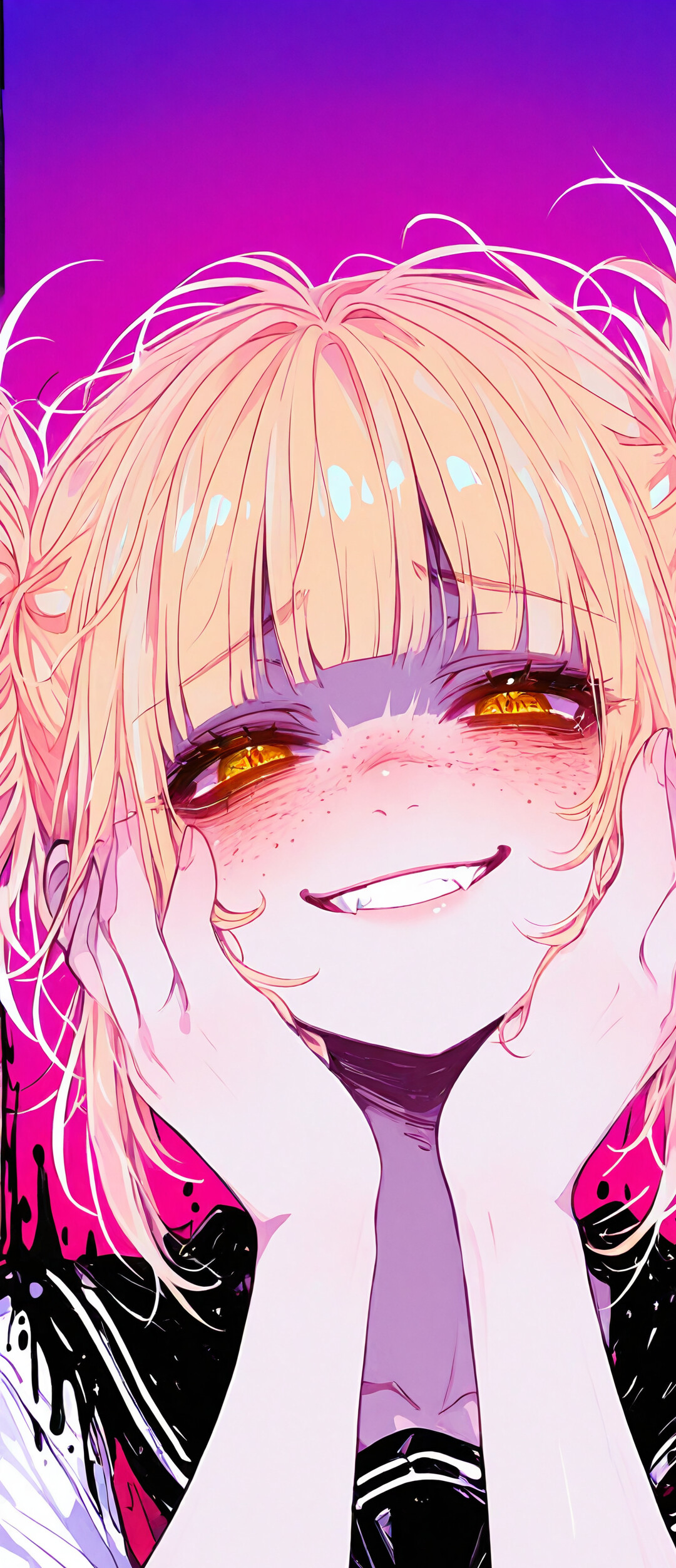 Um retrato no estilo anime de Himiko Toga, da série My Hero Academia. Ela tem dois coques loiros desalinhados, olhos dourados e um largo sorriso que revela os dentes. As mãos estão apoiadas nas bochechas, e a sua expressão é estranhamente alegre.