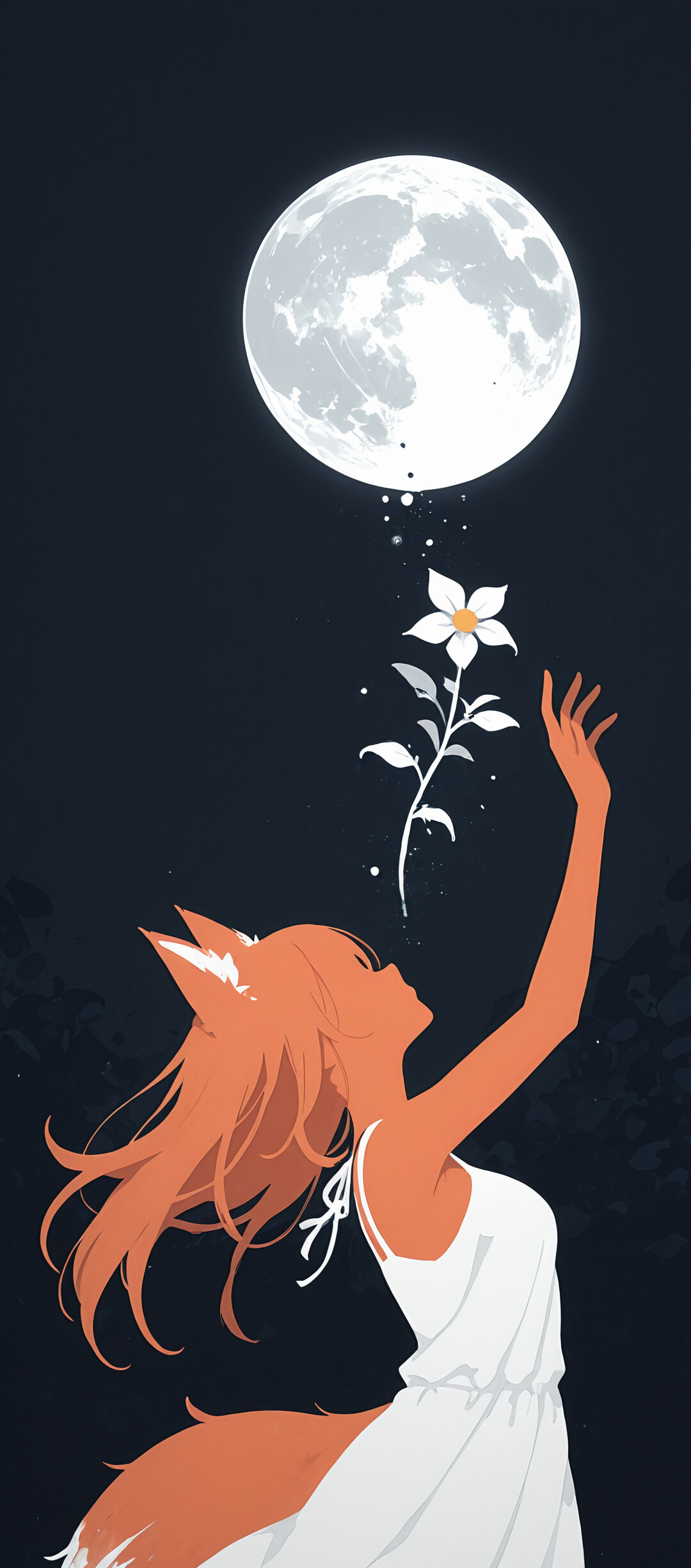 Uma ilustração de Holo, da série Spice and Wolf, uma jovem com orelhas de raposa cor de laranja, longos cabelos cor de laranja e uma grande cauda de raposa, vestindo um vestido branco. Ela está em pé em um campo de flores à noite, estendendo os braços em direção à lua cheia.