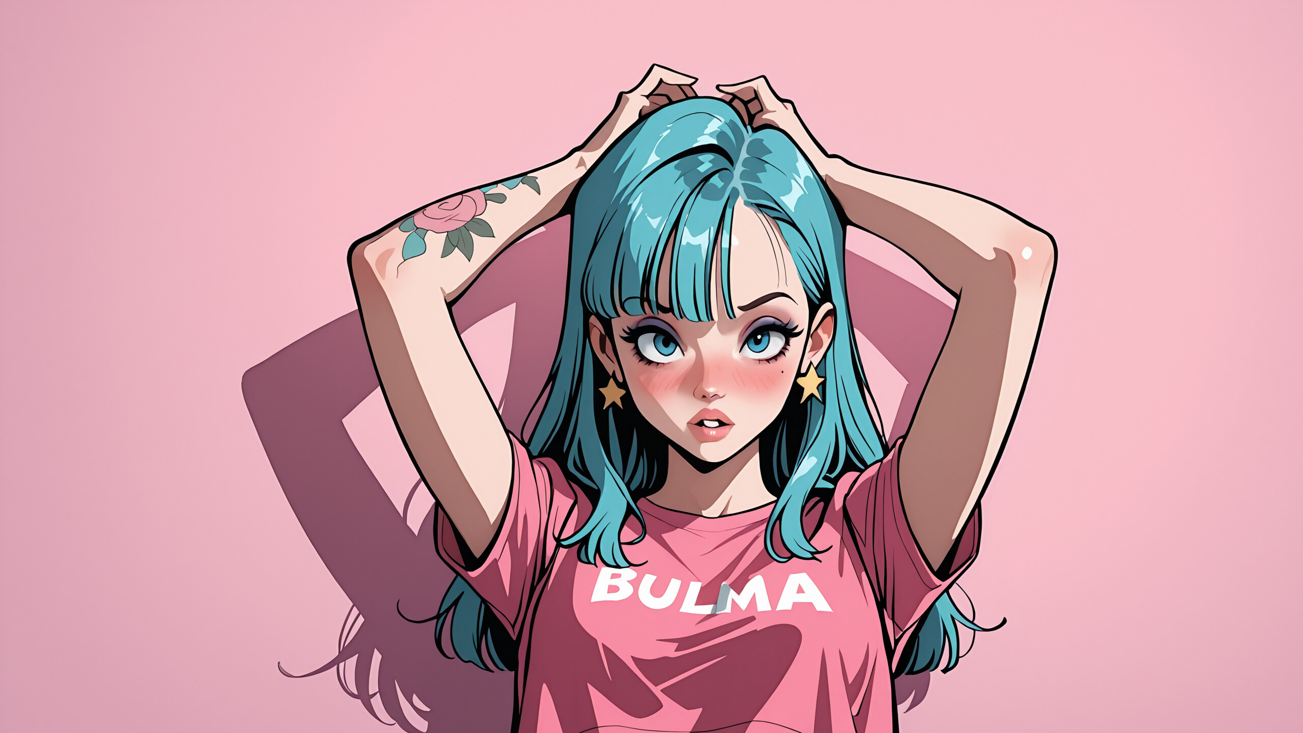 Uma ilustração no estilo anime de Bulma, de Dragon Ball, com cabelo azul e olhos azuis. Ela veste um top curto cor-de-rosa com a palavra «BULMA» estampada, calças de ganga azuis e brincos em forma de estrela. Tem tatuagens de rosas no braço e está a posar com as mãos atrás da cabeça, num fundo cor-de-rosa.