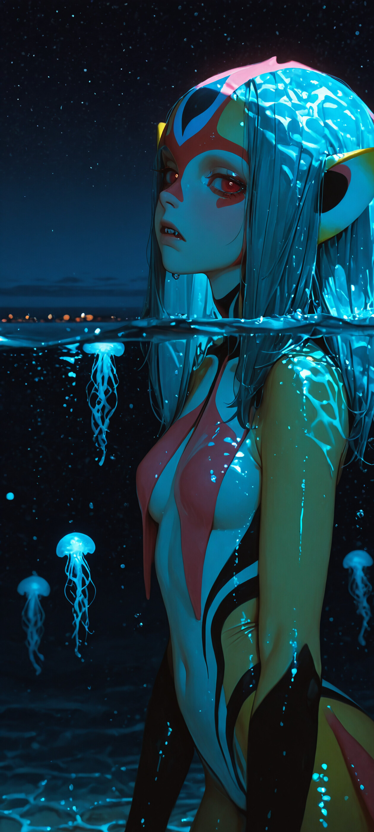 Uma ilustração da personagem de anime Mutio, de Blue Submarine No. 6, em pé no oceano durante a noite. Uma grande água-viva azul bioluminescente está pousada sobre a sua cabeça, como um chapéu, iluminando o seu rosto e os seus cabelos grisalhos contra o céu estrelado.