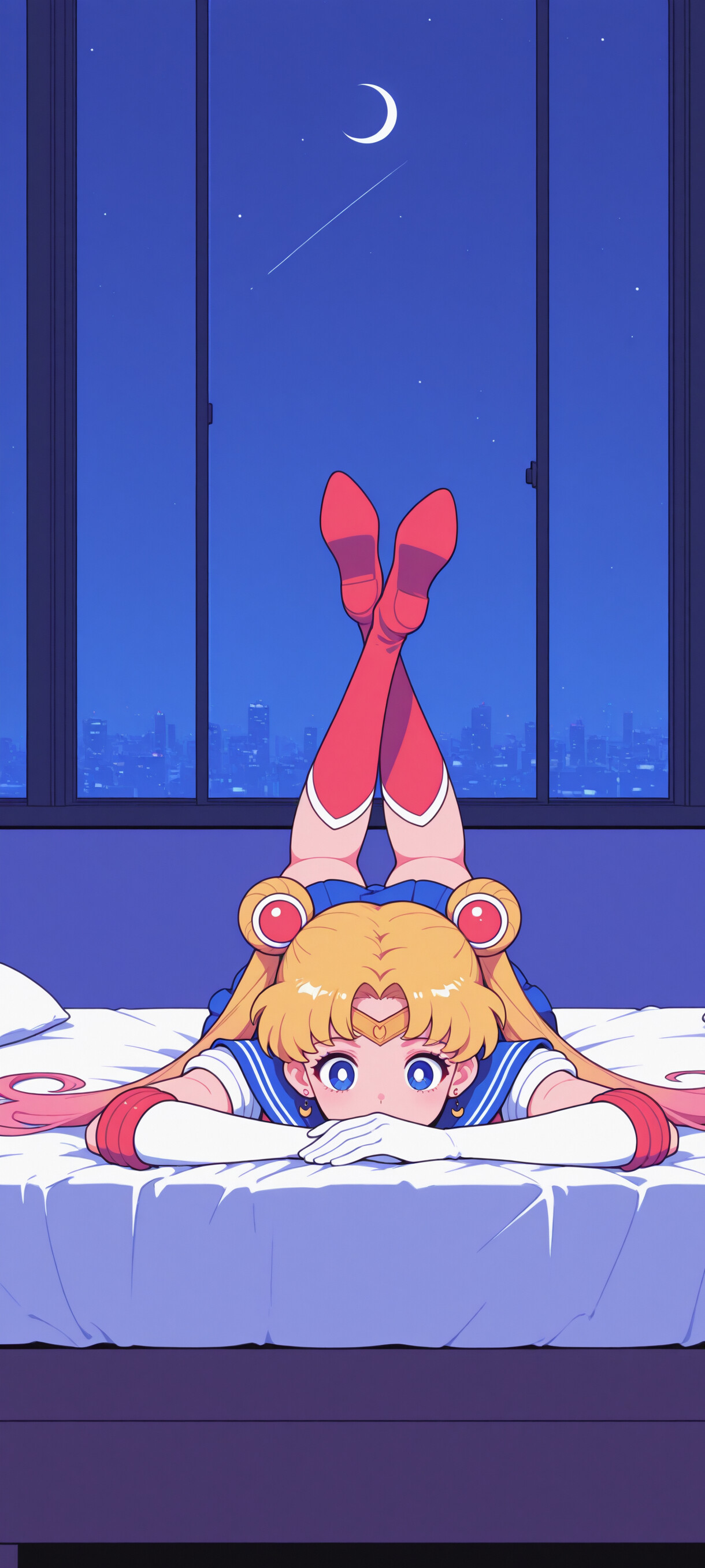 Sailor Moon, com o seu característico penteado «odango» loiro, está deitada de bruços numa cama, olhando diretamente para o espectador. Atrás dela, uma grande janela revela uma vibrante paisagem urbana noturna sob um céu estrelado.