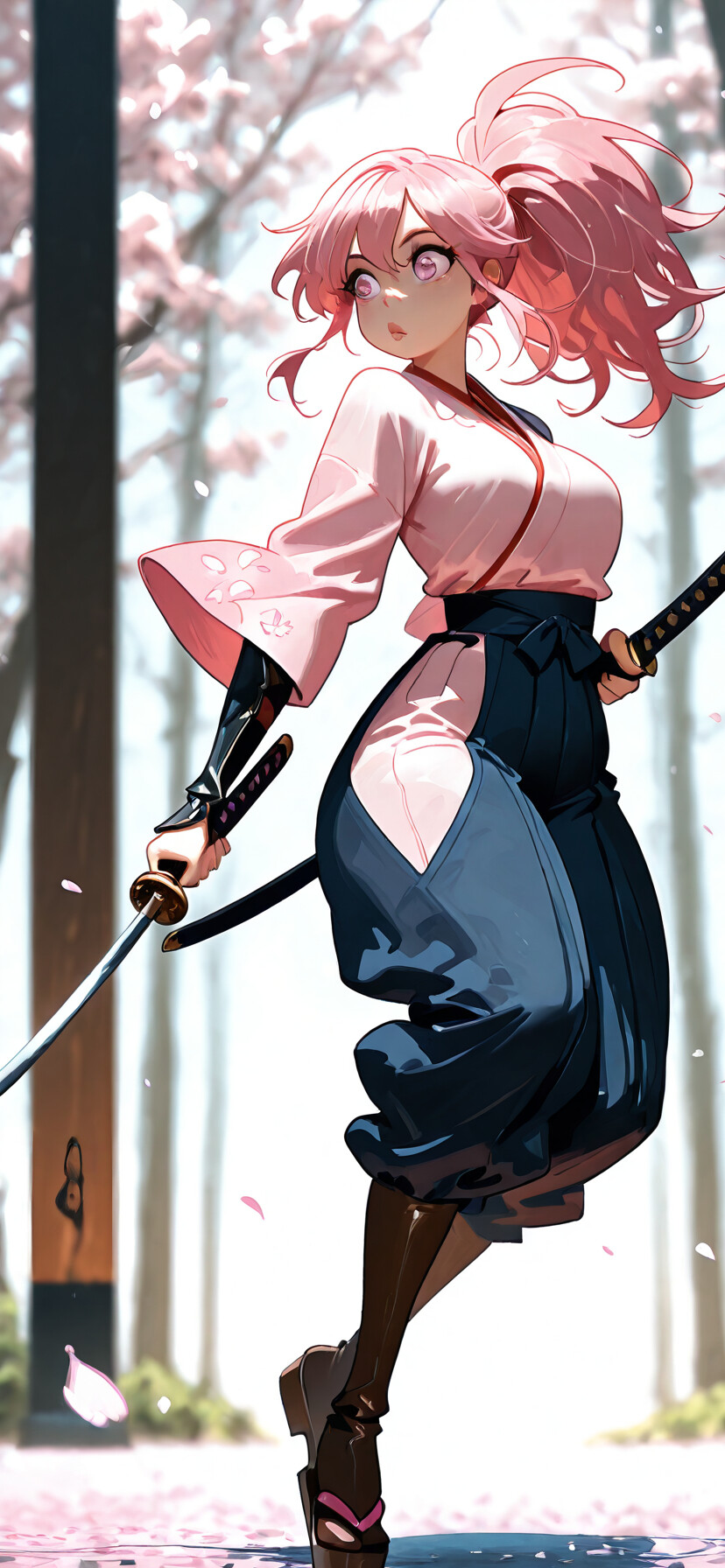 Uma ilustração em estilo anime de uma jovem com cabelo cor-de-rosa, preso num rabo de cavalo alto, vestindo um top branco e um hakama rosa, segurando uma katana numa postura defensiva numa floresta onde pétalas de cerejeira caem.