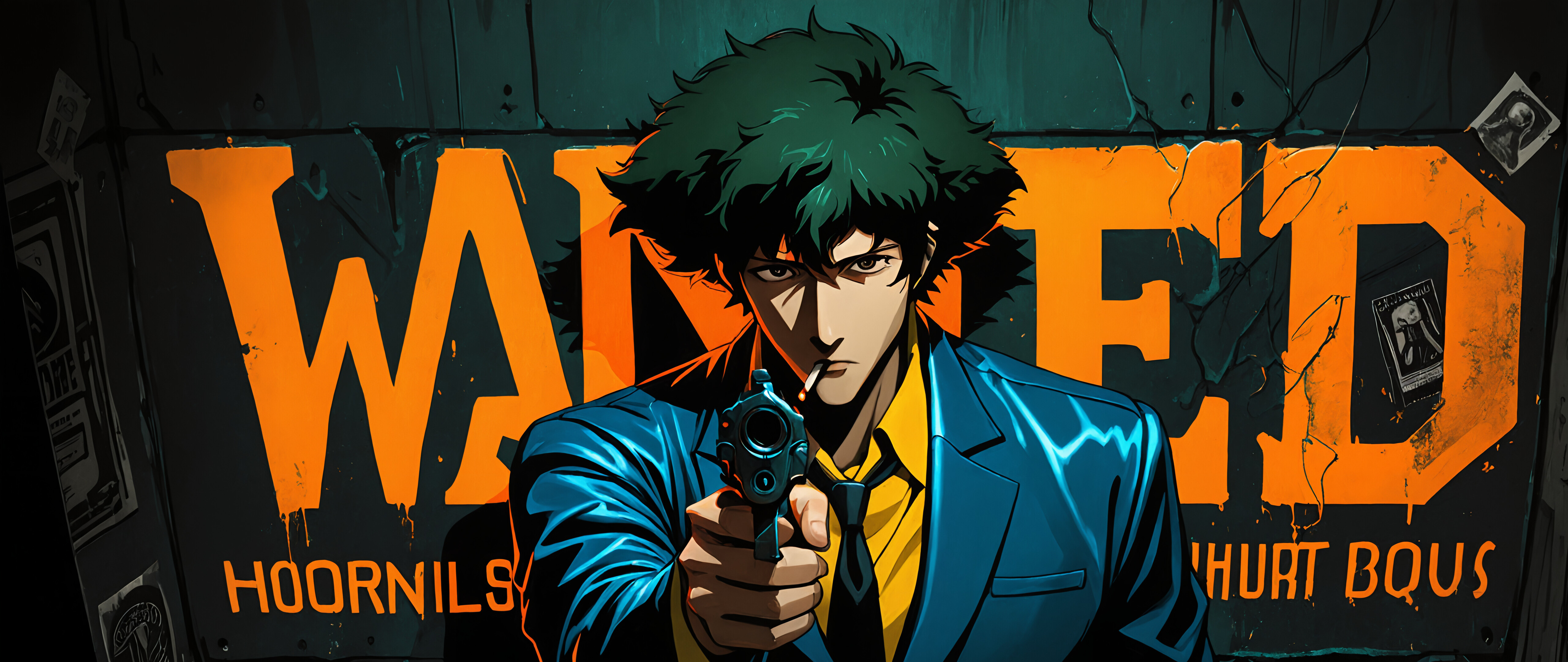 Ilustração em estilo anime de Spike Spiegel, de Cowboy Bebop, apontando uma pistola para a câmera. Ele tem cabelos escuros e desalinhados, um cigarro na boca e está vestindo um terno azul. Atrás dele, há uma parede com um grande letreiro de néon que diz «PROCURADO».
