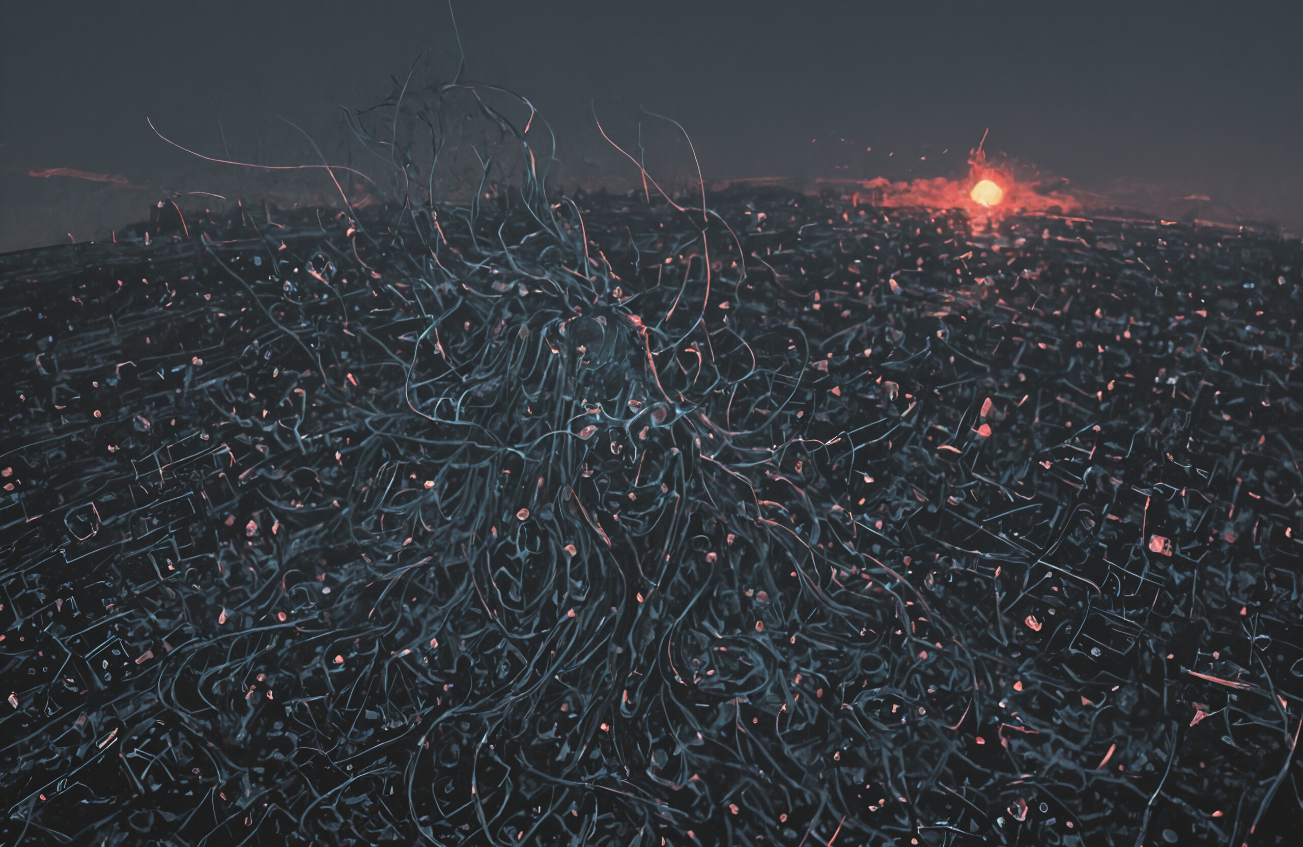 Uma obra de arte no estilo ukiyo-e que representa um espírito etéreo, feito de raízes e ramos escuros e entrelaçados. A figura está em pé numa floresta caótica, em frente a um grande sol laranja e sólido, que funciona como um halo.