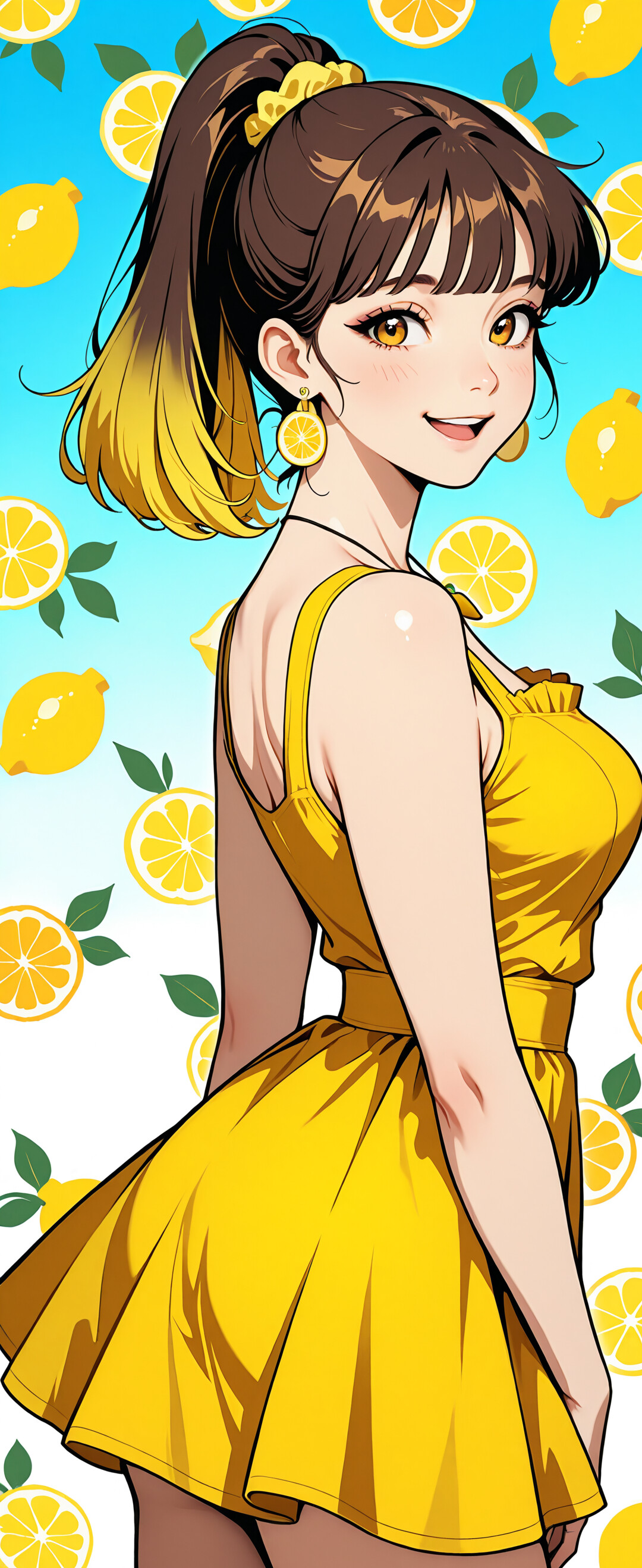 Uma rapariga de anime, com cabelo castanho e amarelo apanhado num rabo de cavalo, vestida com um vestido amarelo e adornada com joias com motivos de limão, sorri enquanto está de pé num pomar de limoeiros, com um céu azul ao fundo.