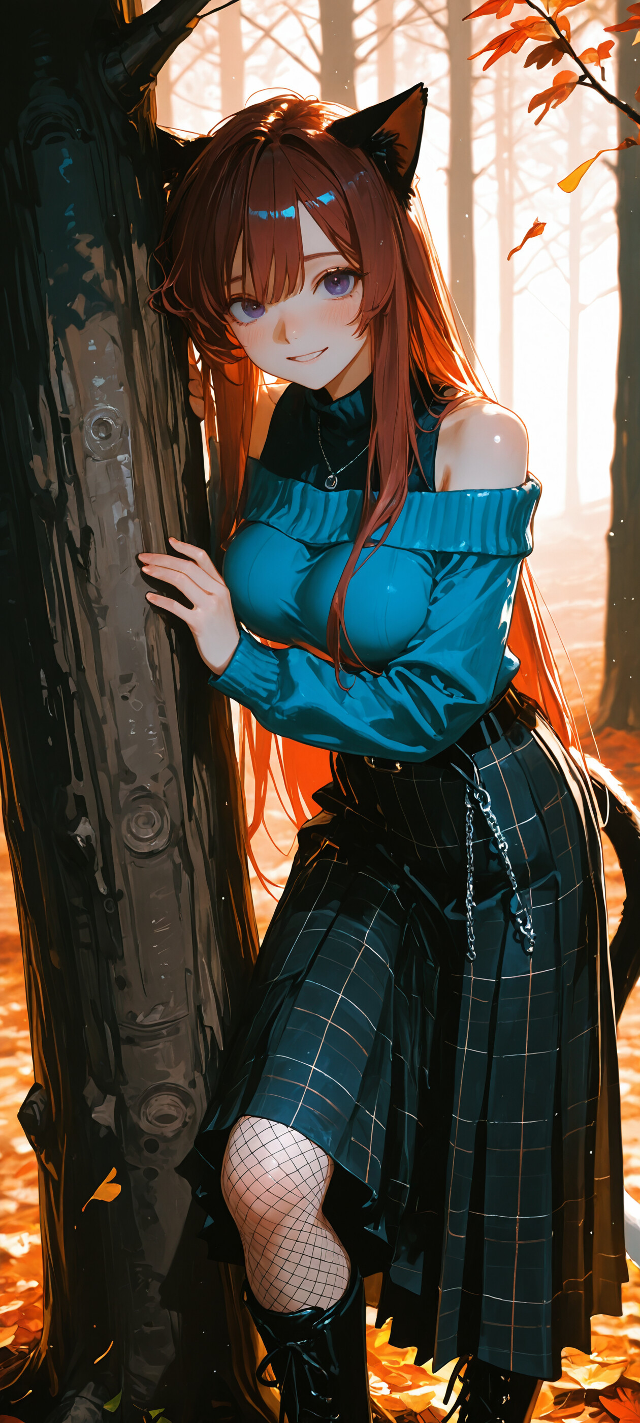 Uma ilustração de corpo inteiro de uma personagem de anime, uma rapariga-gato, com longos cabelos castanhos e olhos roxos, vestindo um casaco azul de ombro caído e uma saia xadrez, em pé numa floresta outonal em frente a uma árvore grande.