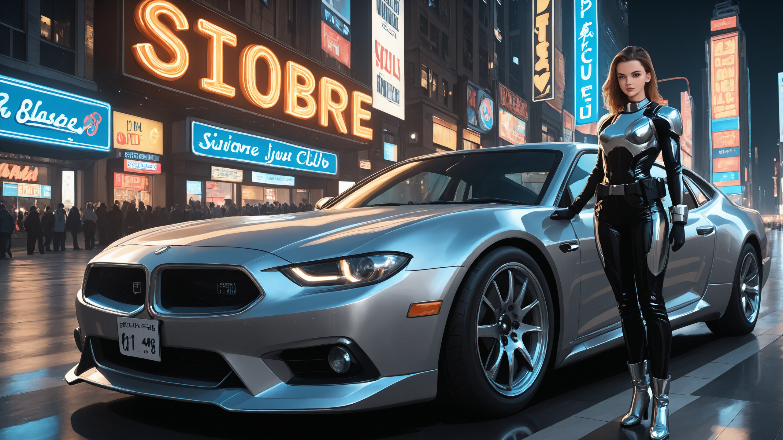 Ilustração completa de uma mulher vestida com um fato de combate futurista preto e cromado, caminhando por uma rua molhada da cidade durante a noite, ladeada por dois carros antigos prateados e cercada por letreiros de néon brilhantes.