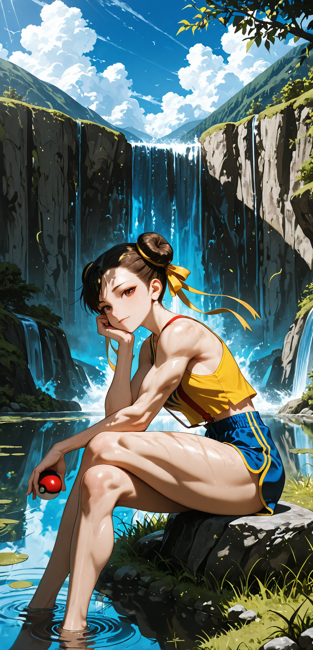 Chun-Li, da série Street Fighter, está sentada à beira de um lago, num cenário natural e ensolarado, com uma cascata ao fundo. Ela está vestida como uma treinadora de Pokémon, com uma camisa amarela e calções azuis, segurando uma Poké Ball e sorrindo para o espectador.