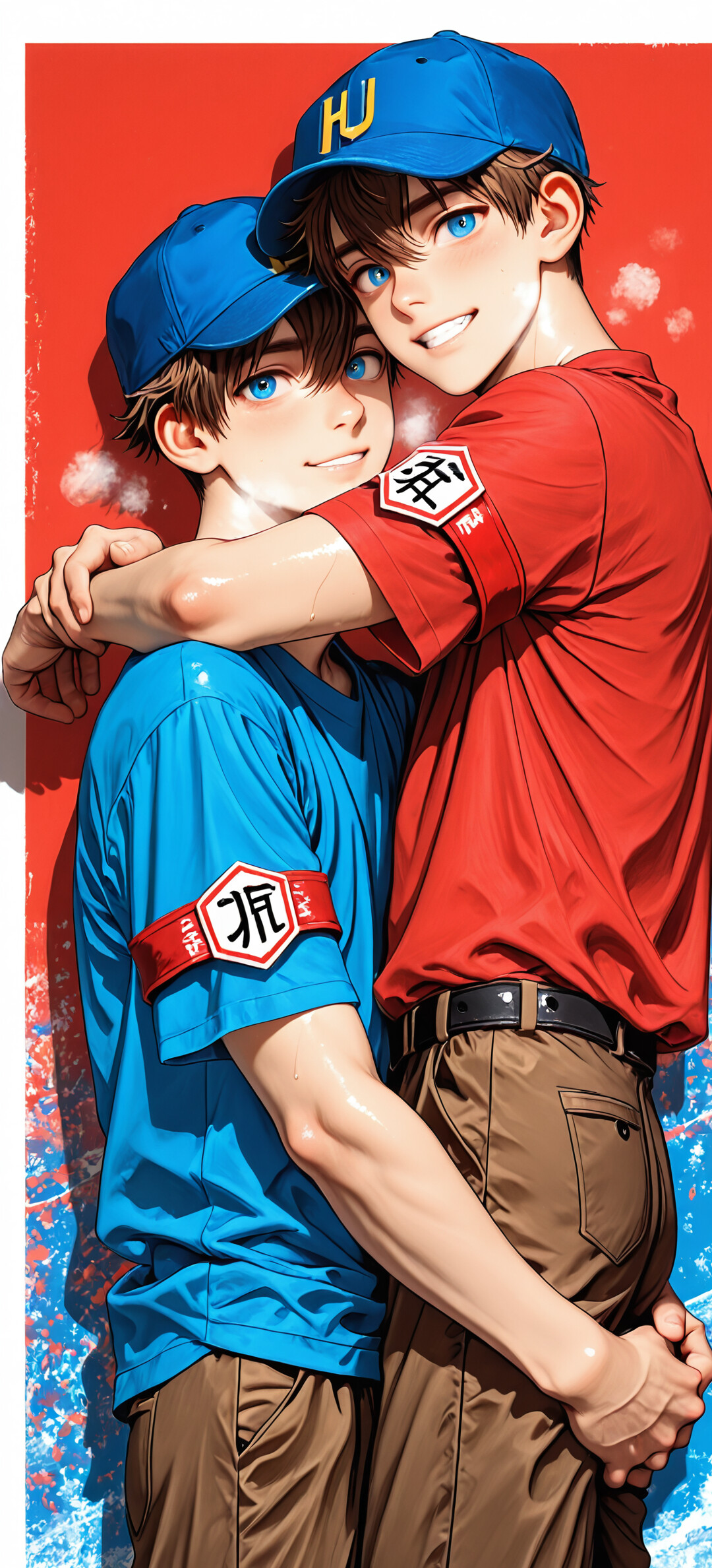 Um jovem de estilo anime, com cabelo castanho e olhos azuis brilhantes, vestindo uma camisa azul e um boné de beisebol com um «H», sorri com confiança enquanto está sentado, com os braços e as pernas cruzados, em frente a uma parede vermelha.