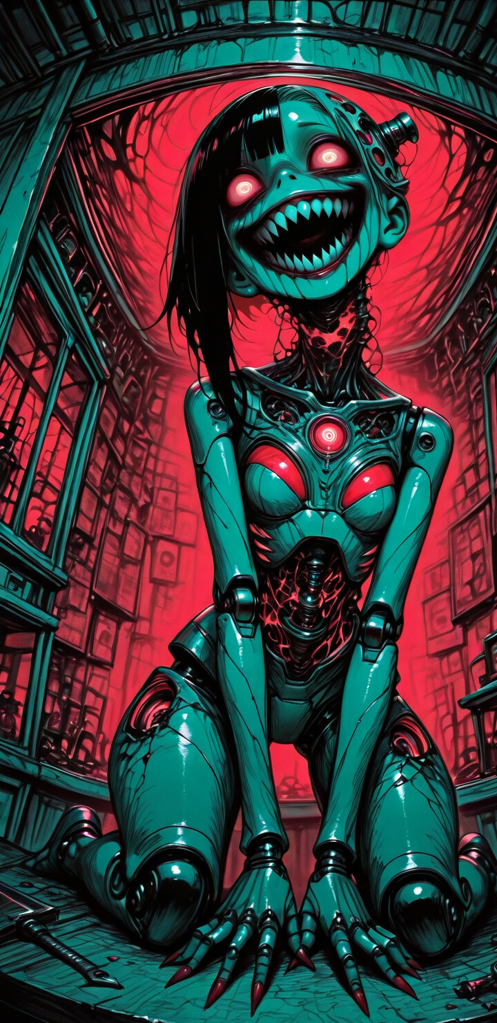 Uma robô feminina de pele pálida, com um largo sorriso que mostra os dentes e olhos arregalados, está ajoelhada no chão de uma sala escura de ficção científica. Atrás dela, figuras sombrias com olhos brilhantes podem ser vistas através de janelas iluminadas em vermelho.