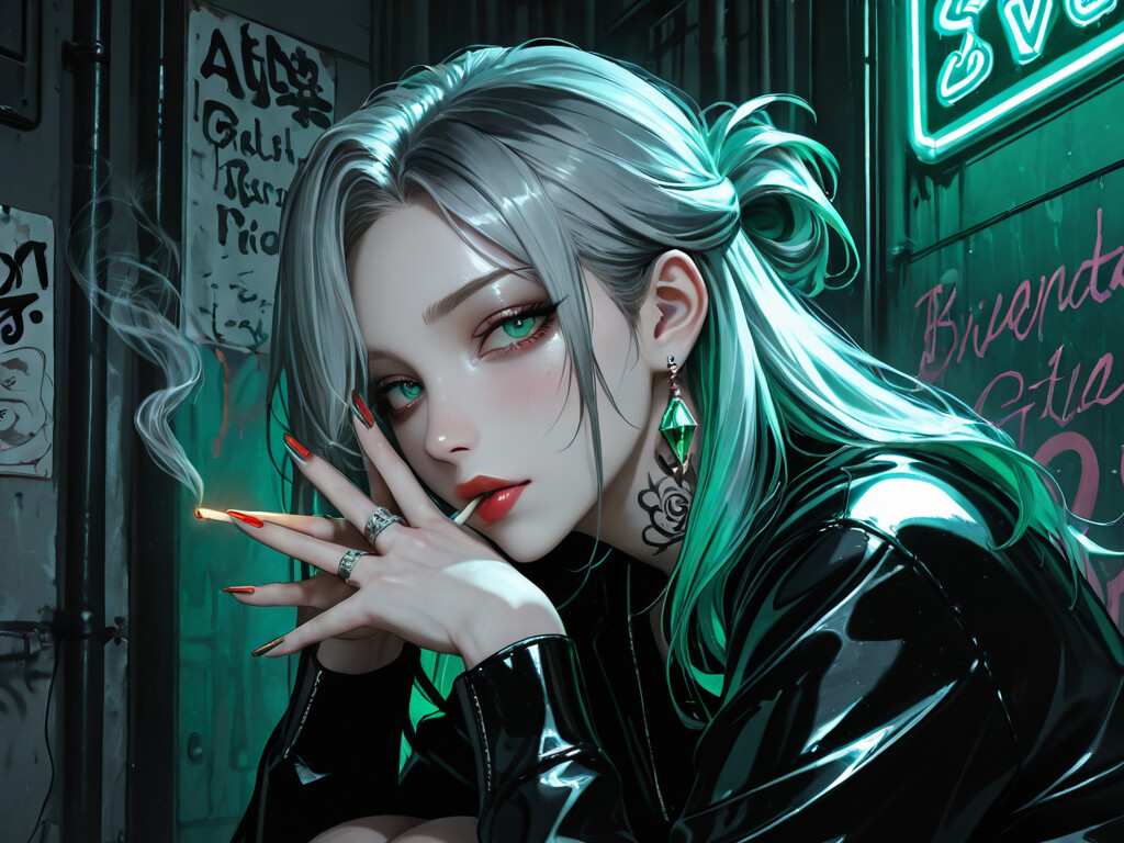 Uma ilustração em estilo anime de uma jovem com cabelo cinzento, mechas verdes e olhos verde-vivos, agachada numa viela escura e iluminada por luzes de néon, enquanto fuma um cigarro e olha diretamente para a câmara. Ela tem uma grande tatuagem de rosa no braço.