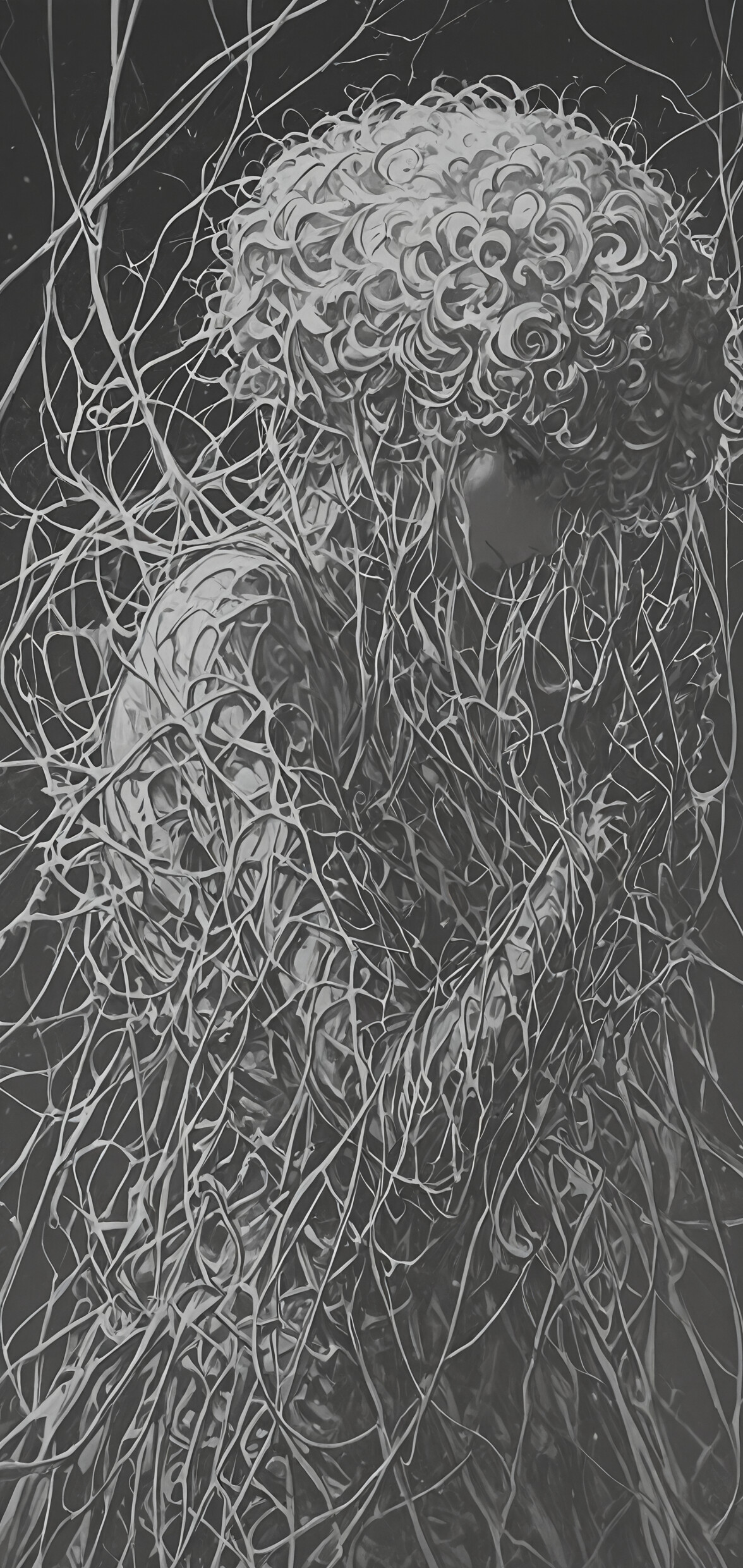 Uma ilustração em preto e branco, com muitos detalhes, que retrata uma mulher de perfil. Ela tem olhos grandes e expressivos e cabelos brancos curtos e muito encaracolados. Um padrão intrincado, branco e semelhante a uma teia de aranha, cobre o pescoço e os ombros, contrastando com um fundo escuro e abstrato.