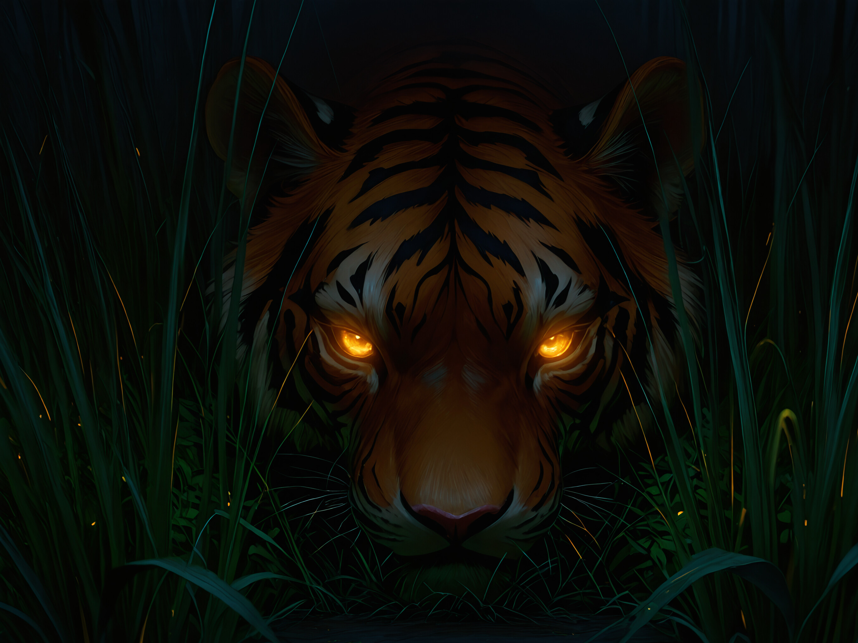 Um tigre imponente, com olhos amarelos brilhantes, avança silenciosamente através da alta grama verde na escuridão, o rosto iluminado e a expressão intensa.