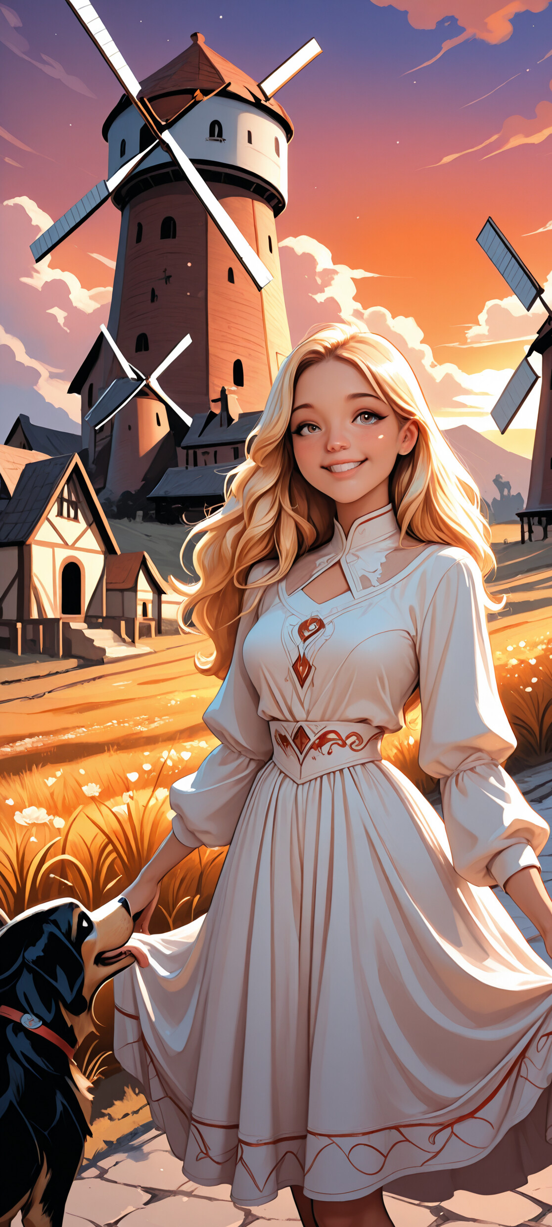 Uma ilustração em estilo anime de uma jovem sorridente, com longos cabelos loiros e vestida com um vestido branco, em pé num campo com o seu cão feliz. Ao fundo, vê-se uma paisagem rural com um grande moinho de vento e casas sob um céu ao pôr do sol.