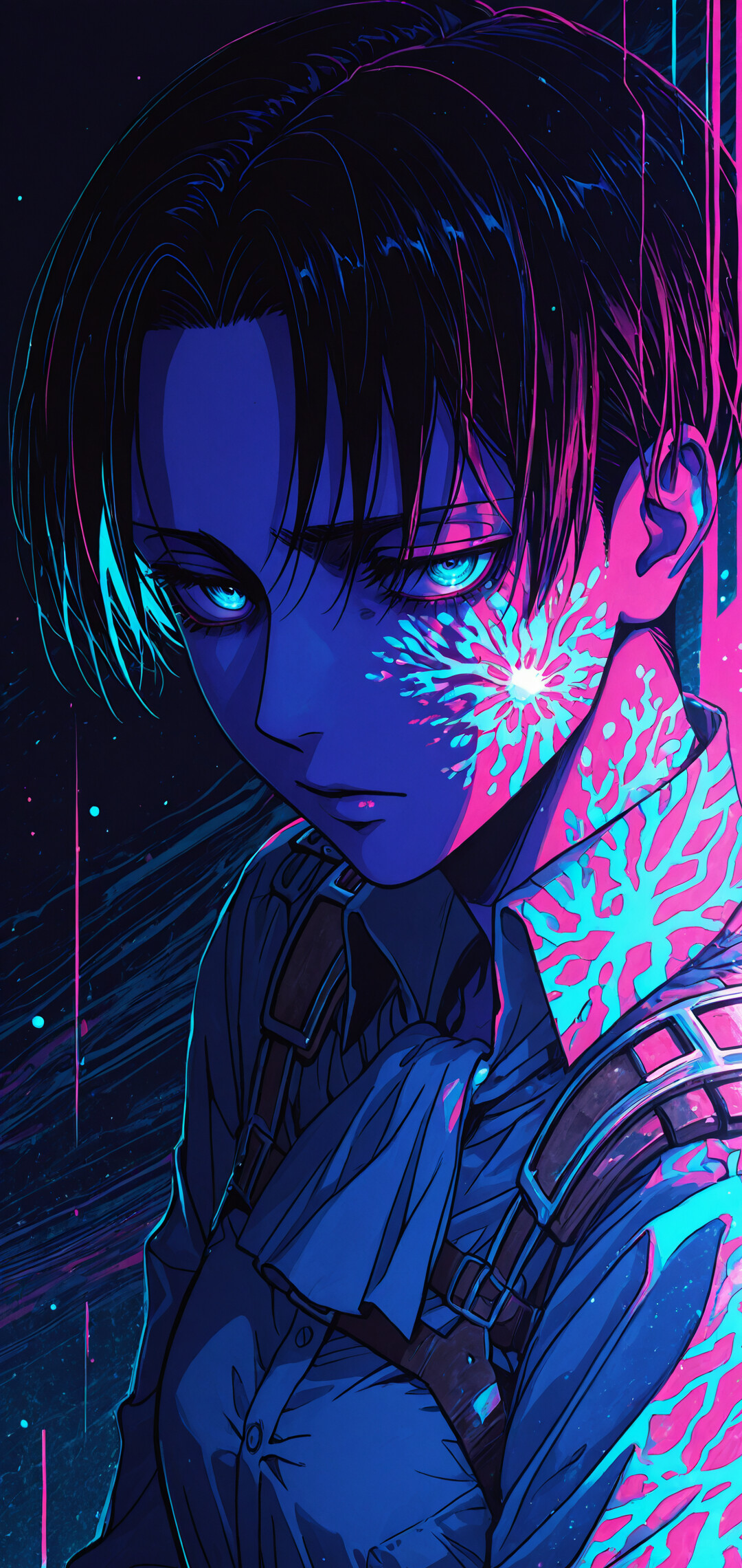 Uma ilustração no estilo anime de Levi Ackerman, da série Attack on Titan, com a mão no peito. A ilustração apresenta uma paleta de cores vibrantes em tons de néon, como azul, rosa e roxo, com um fundo abstrato e dinâmico.