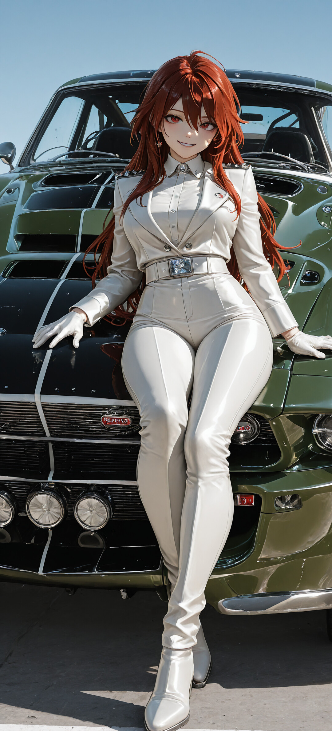 Vista frontal de um Ford Mustang antigo, bastante modificado, em um tom de verde escuro, com uma grelha personalizada e cinco faróis redondos no para-choque dianteiro, estacionado ao ar livre em um dia ensolarado.