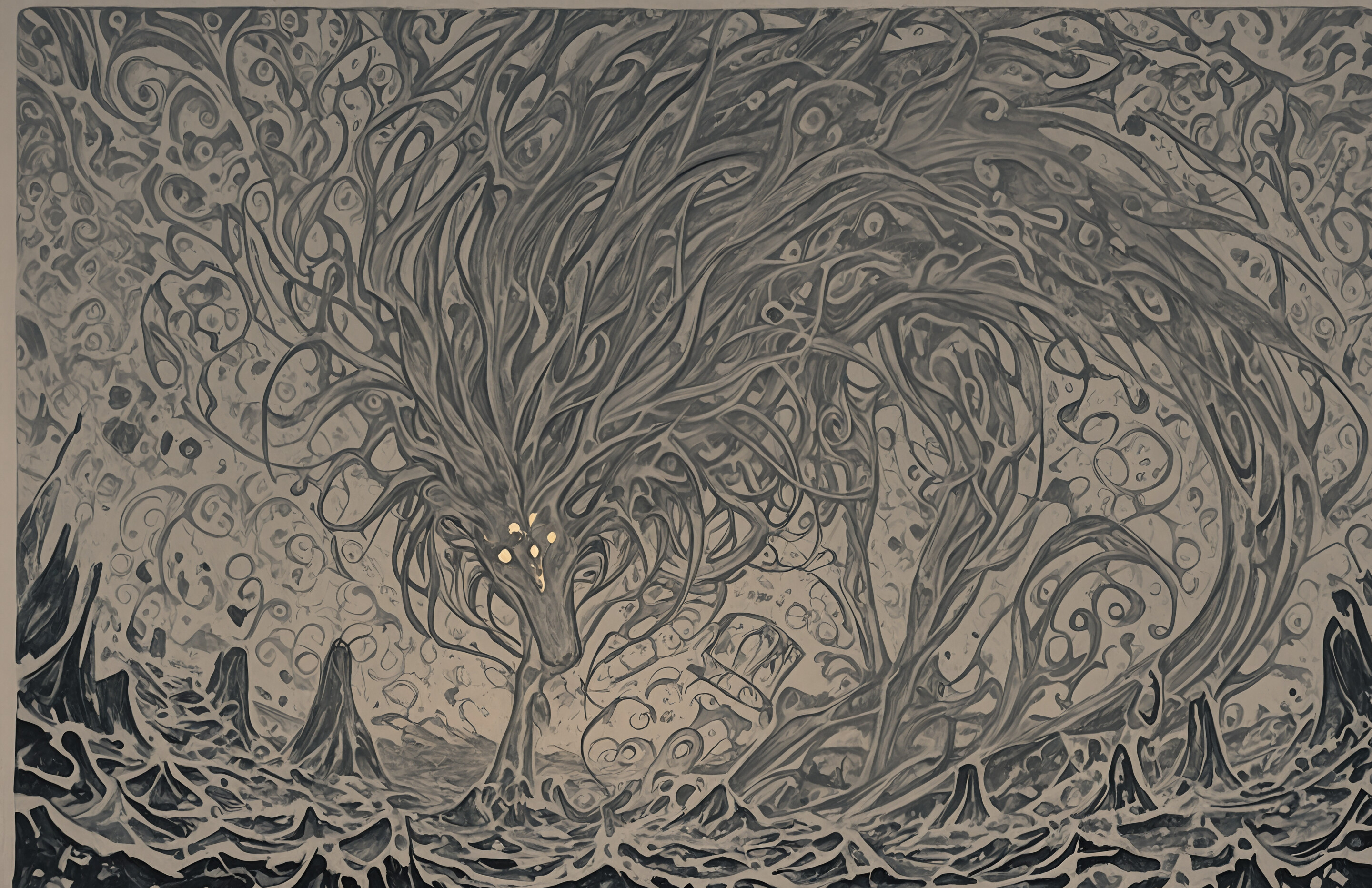 Uma pintura abstrata com um fundo escuro, coberto por uma densa e intrincada rede de linhas e pontos dourados em movimento. No centro superior, uma única esfera de luz brilhante e radiante serve como ponto focal.