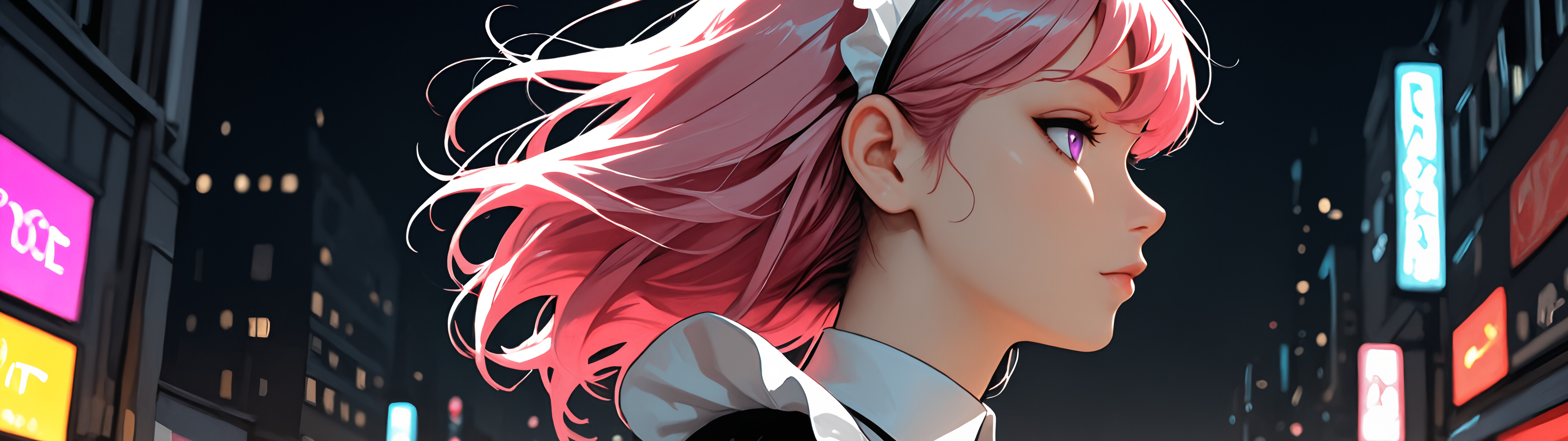 Uma ilustração em estilo anime de uma jovem com longos cabelos cor-de-rosa e olhos roxos, vestida com um uniforme de empregada doméstica preto e branco. Ela está em pé numa rua da cidade, à noite, com luzes de néon desfocadas ao fundo.
